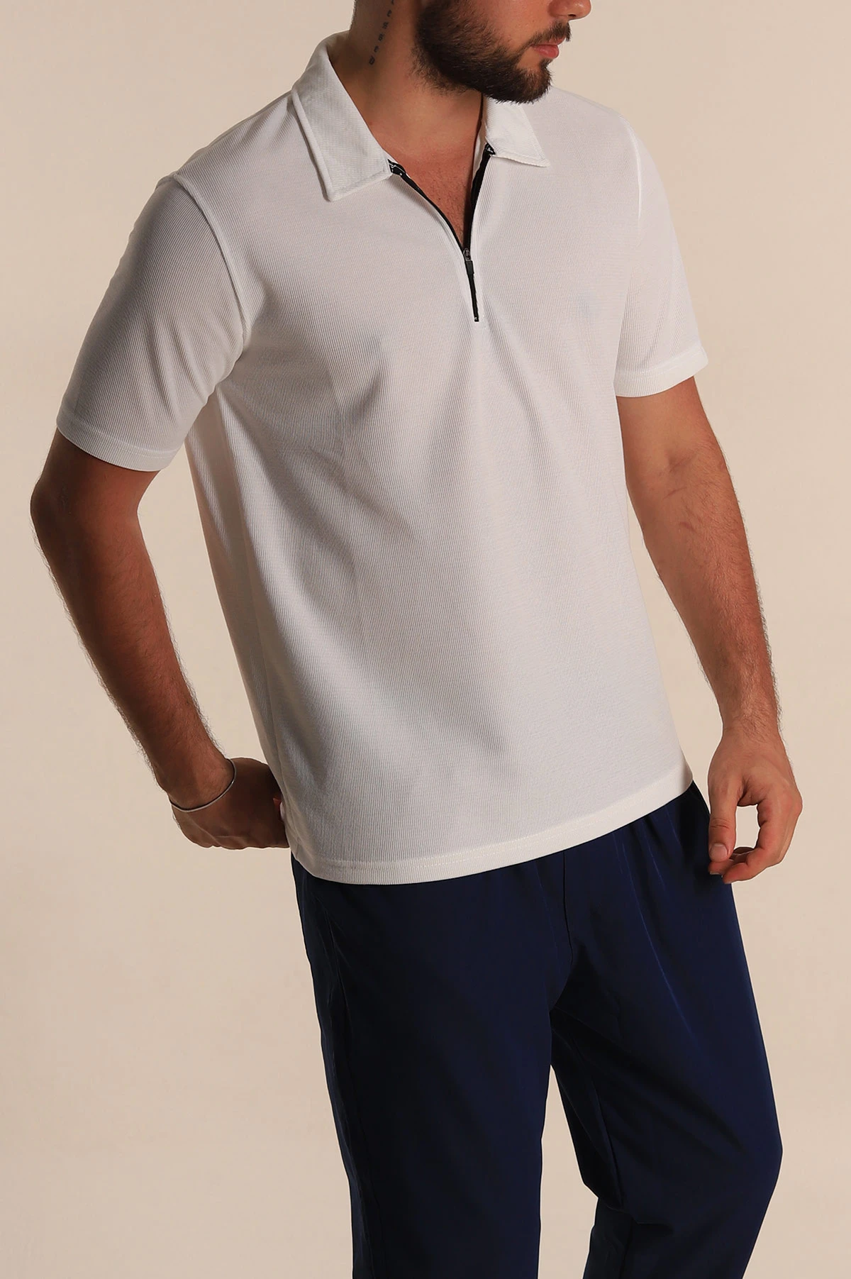 Beyaz Relaxed Fit Fermuarlı Polo Yaka Erkek Tişört 279203