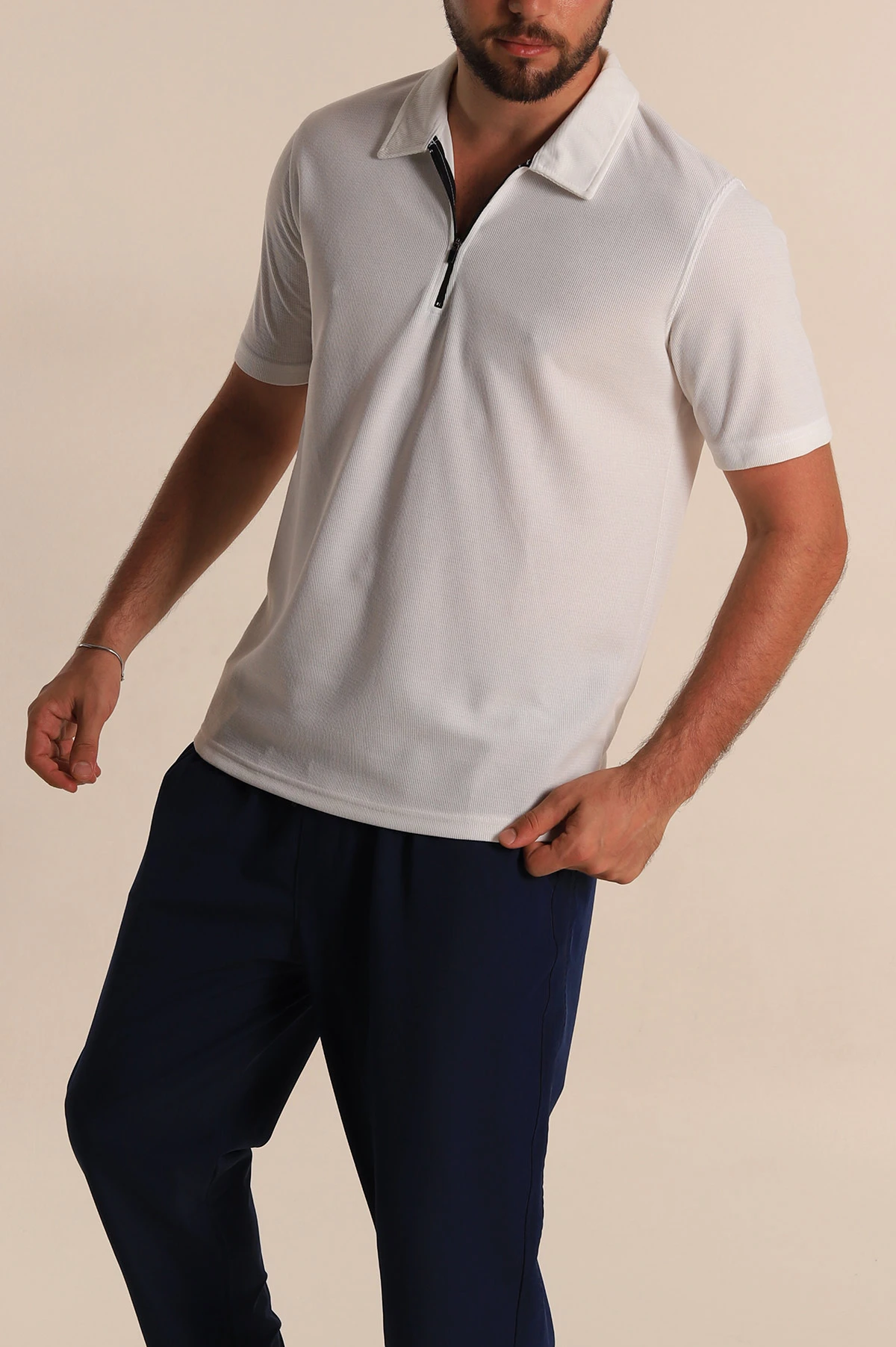Beyaz Relaxed Fit Fermuarlı Polo Yaka Erkek Tişört 279203