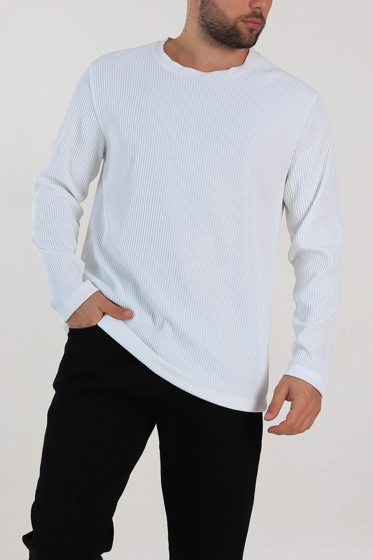 Beyaz Relaxed Fit Fitilli Doku Bisiklet Yaka Erkek Sweatshirt 314144