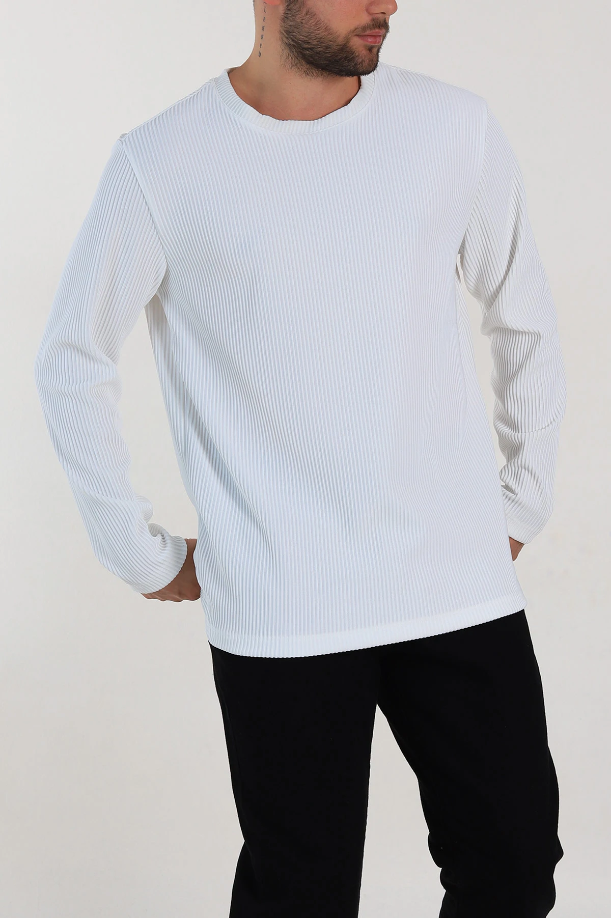 Beyaz Relaxed Fit Fitilli Doku Bisiklet Yaka Erkek Sweatshirt 314144