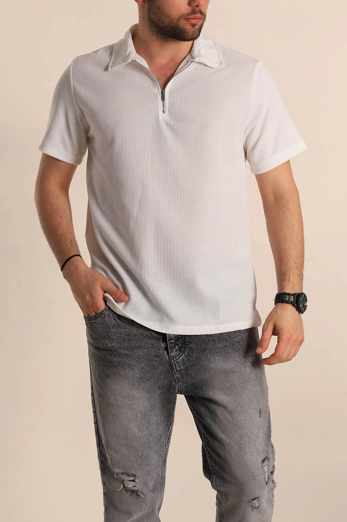 Beyaz Relaxed Fit Fitilli Doku Fermuarlı Polo Yaka Erkek Tişört 268315