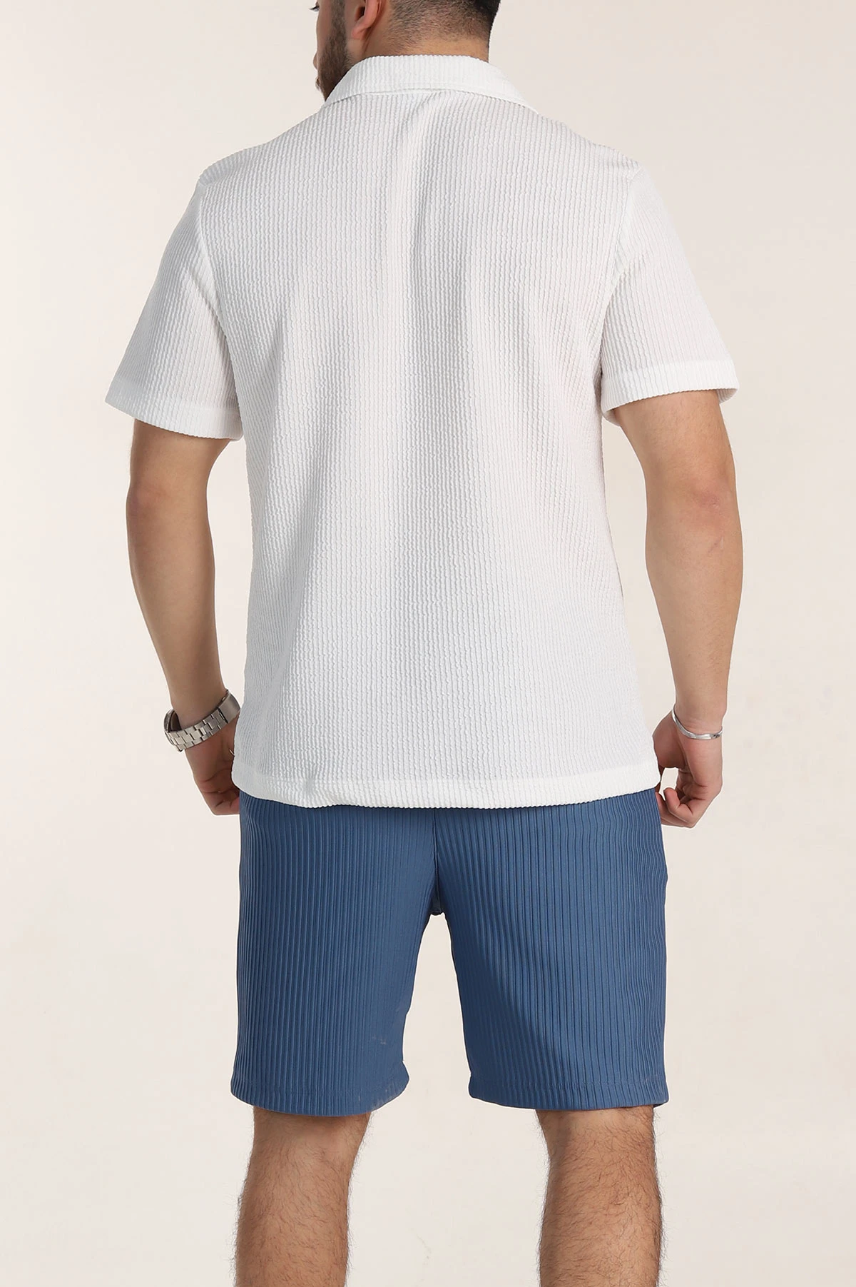 Beyaz Relaxed Fit Fitilli Doku Fermuarlı Polo Yaka Erkek Tişört 347560