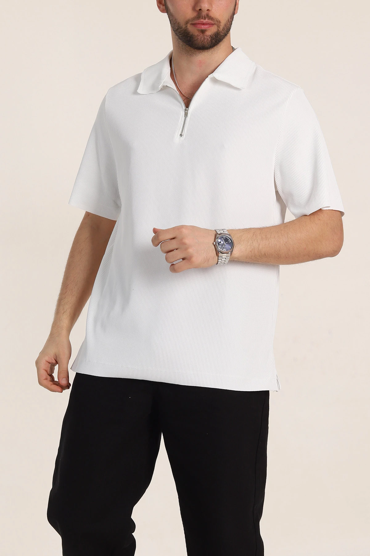 Beyaz Relaxed Fit Fitilli Doku Fermuarlı Polo Yaka Erkek Tişört 348150