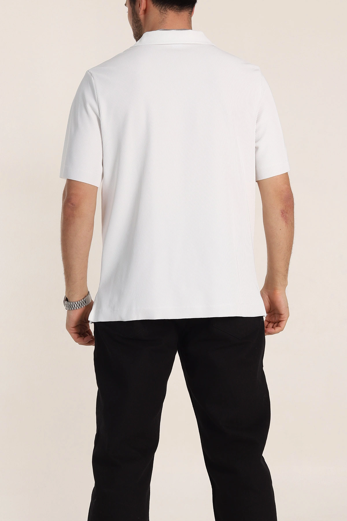 Beyaz Relaxed Fit Fitilli Doku Fermuarlı Polo Yaka Erkek Tişört 348150