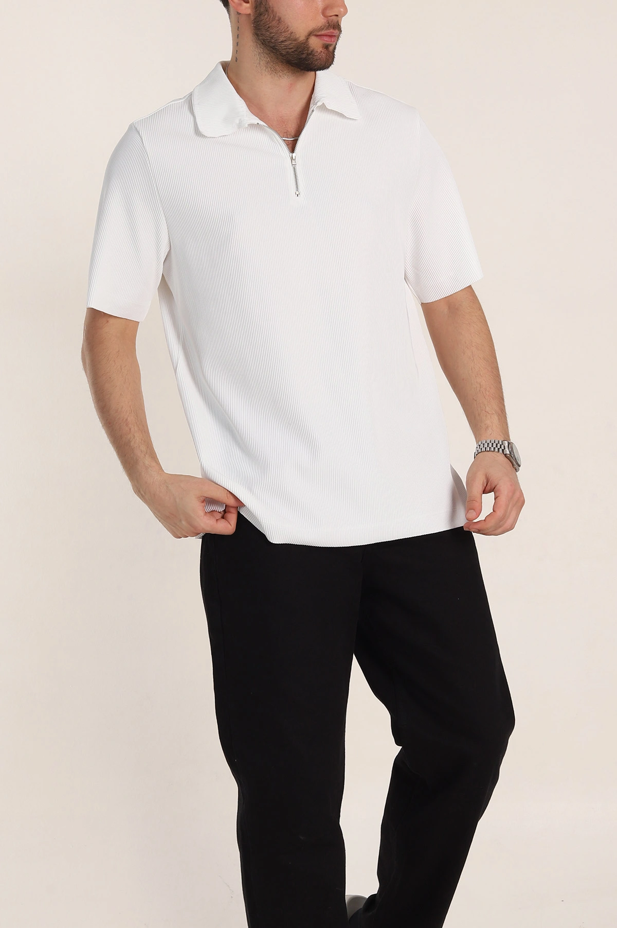Beyaz Relaxed Fit Fitilli Doku Fermuarlı Polo Yaka Erkek Tişört 348150