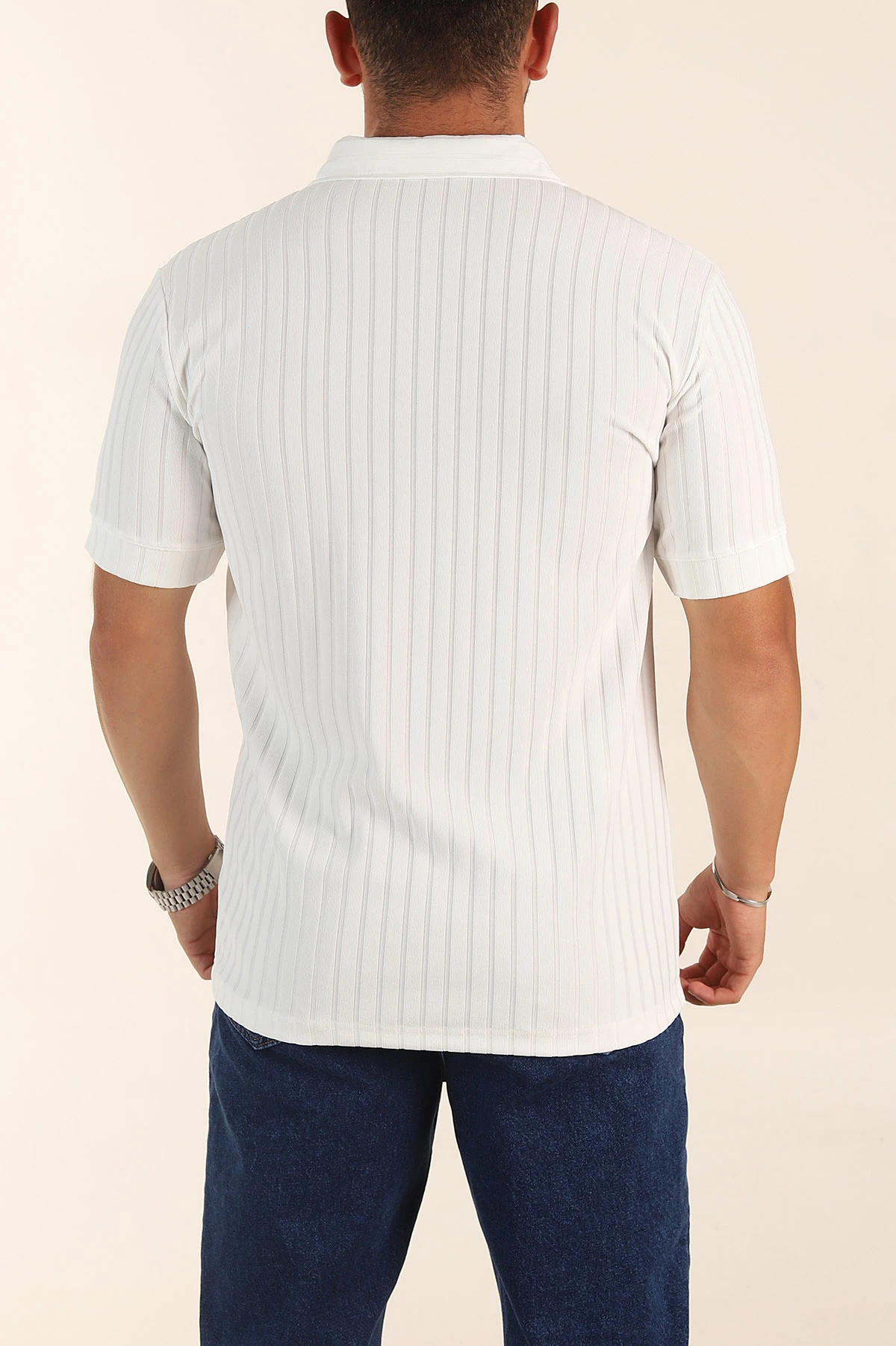 Beyaz Relaxed Fit Fitilli Doku Fermuarlı Polo Yaka Erkek Tişört 373054