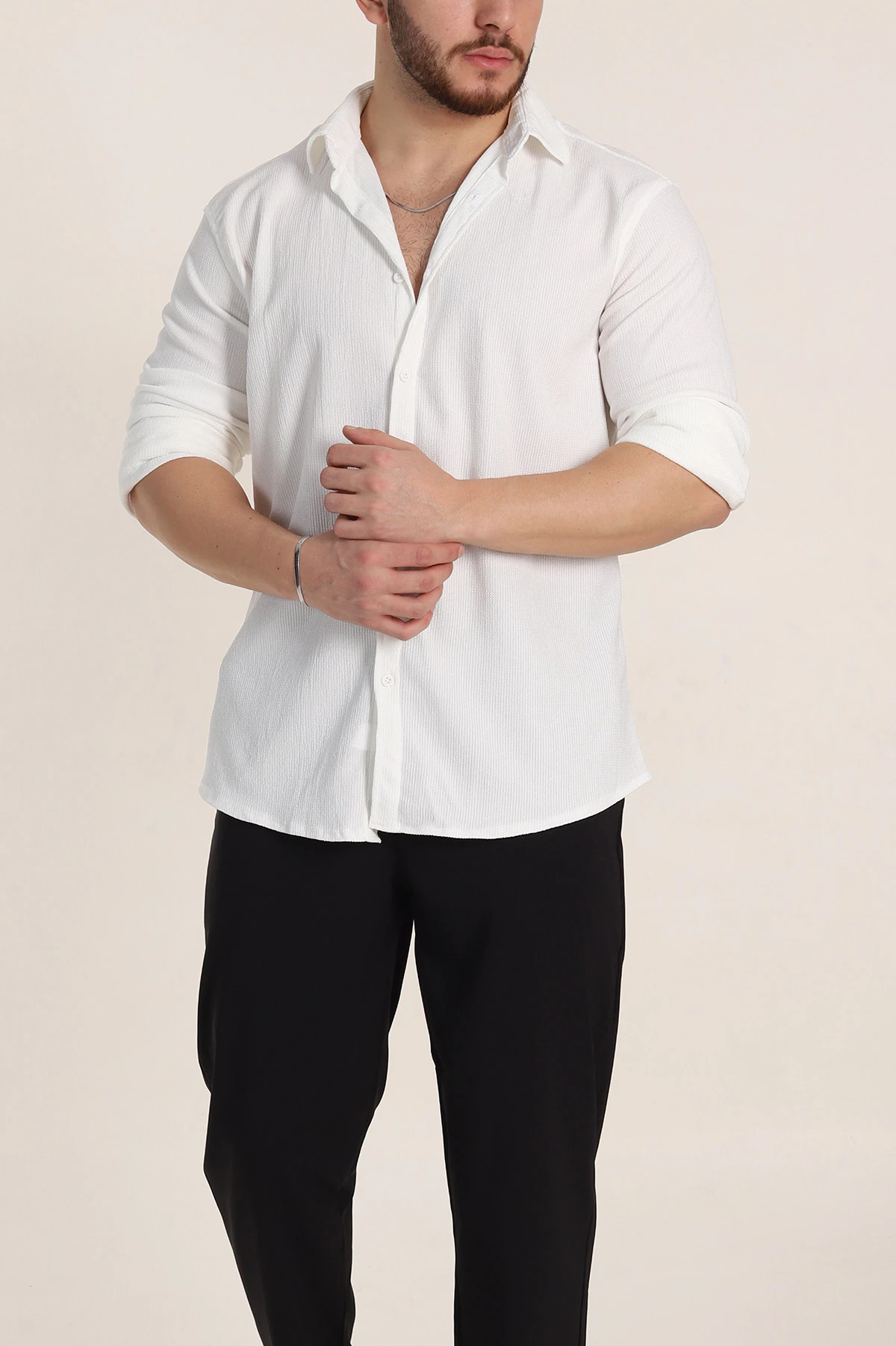 Beyaz Relaxed Fit Fİtilli Doku Likralı Erkek Gömlek 350005