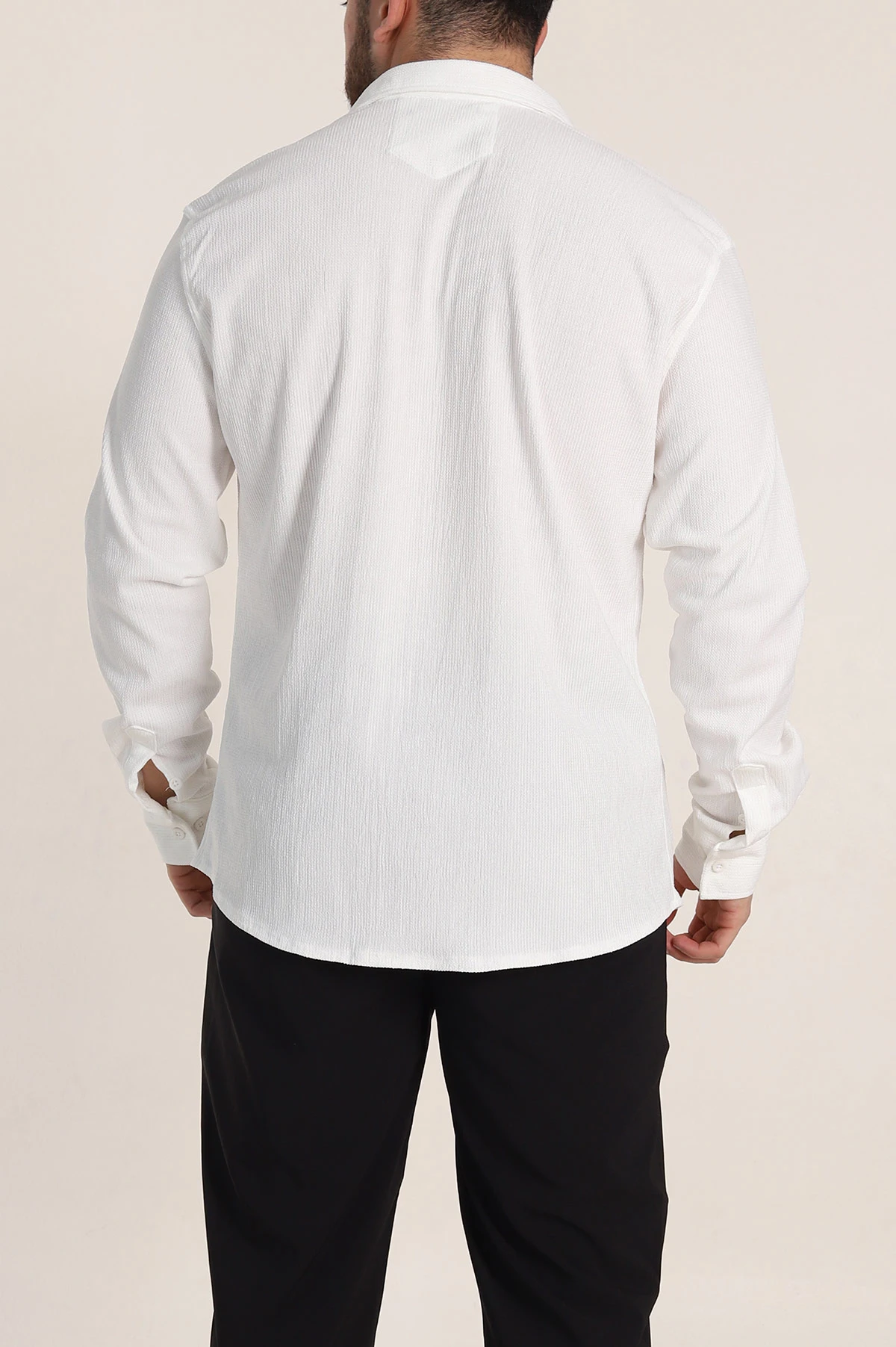 Beyaz Relaxed Fit Fİtilli Doku Likralı Erkek Gömlek 350005