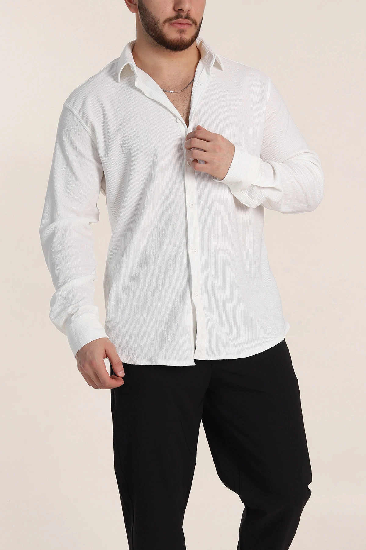 Beyaz Relaxed Fit Fİtilli Doku Likralı Erkek Gömlek 350005