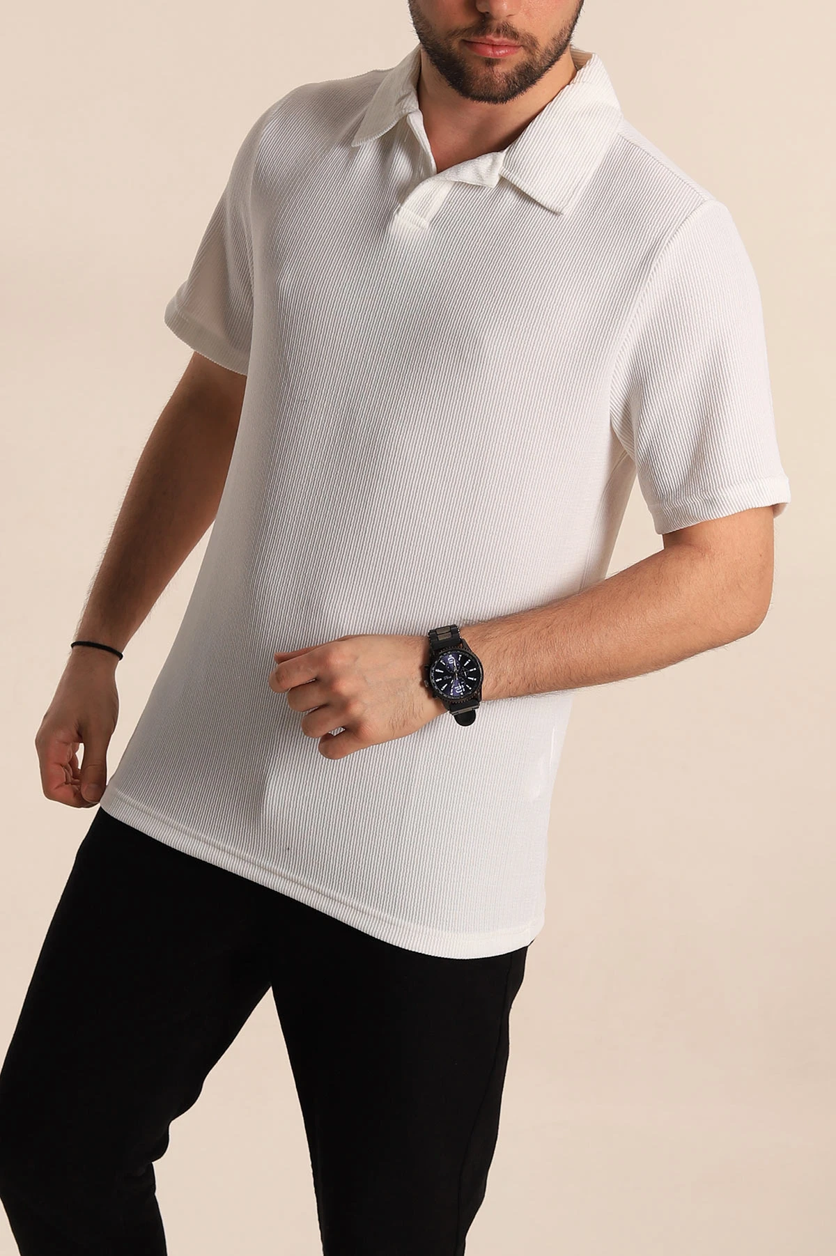 Beyaz Relaxed Fit Fitilli Doku Polo Yaka Erkek Tişört 268867