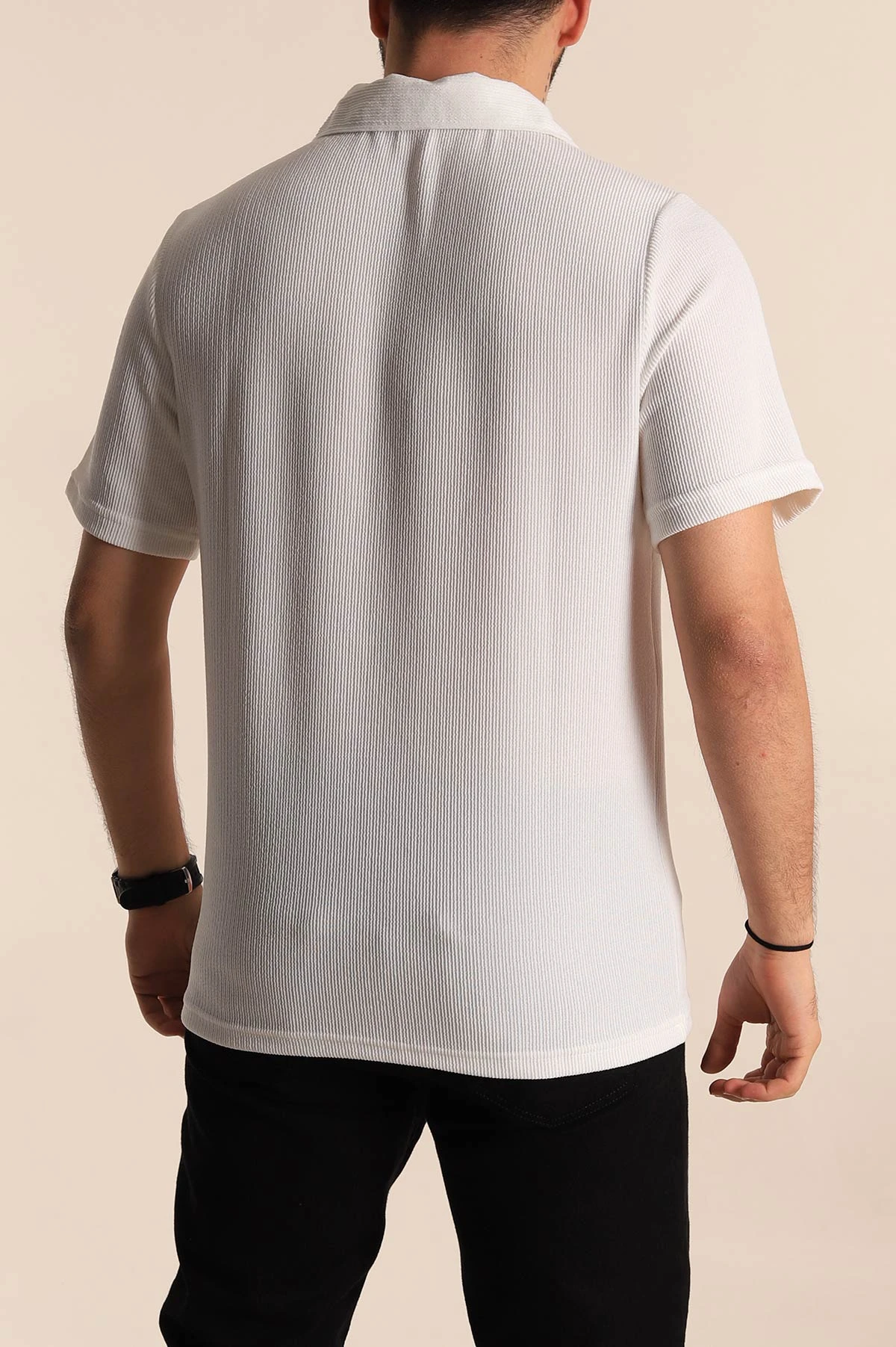Beyaz Relaxed Fit Fitilli Doku Polo Yaka Erkek Tişört 268867