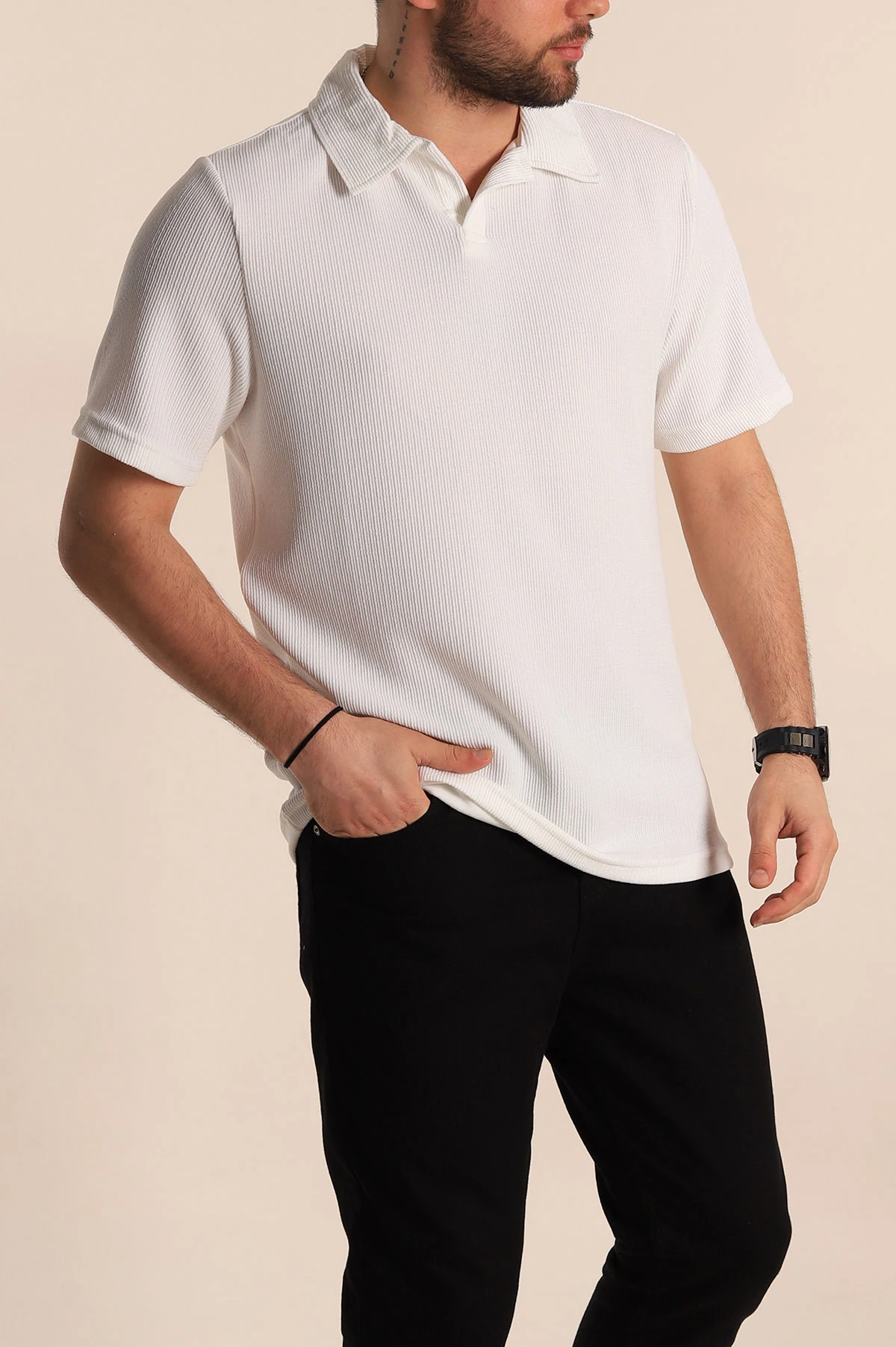 Beyaz Relaxed Fit Fitilli Doku Polo Yaka Erkek Tişört 268867