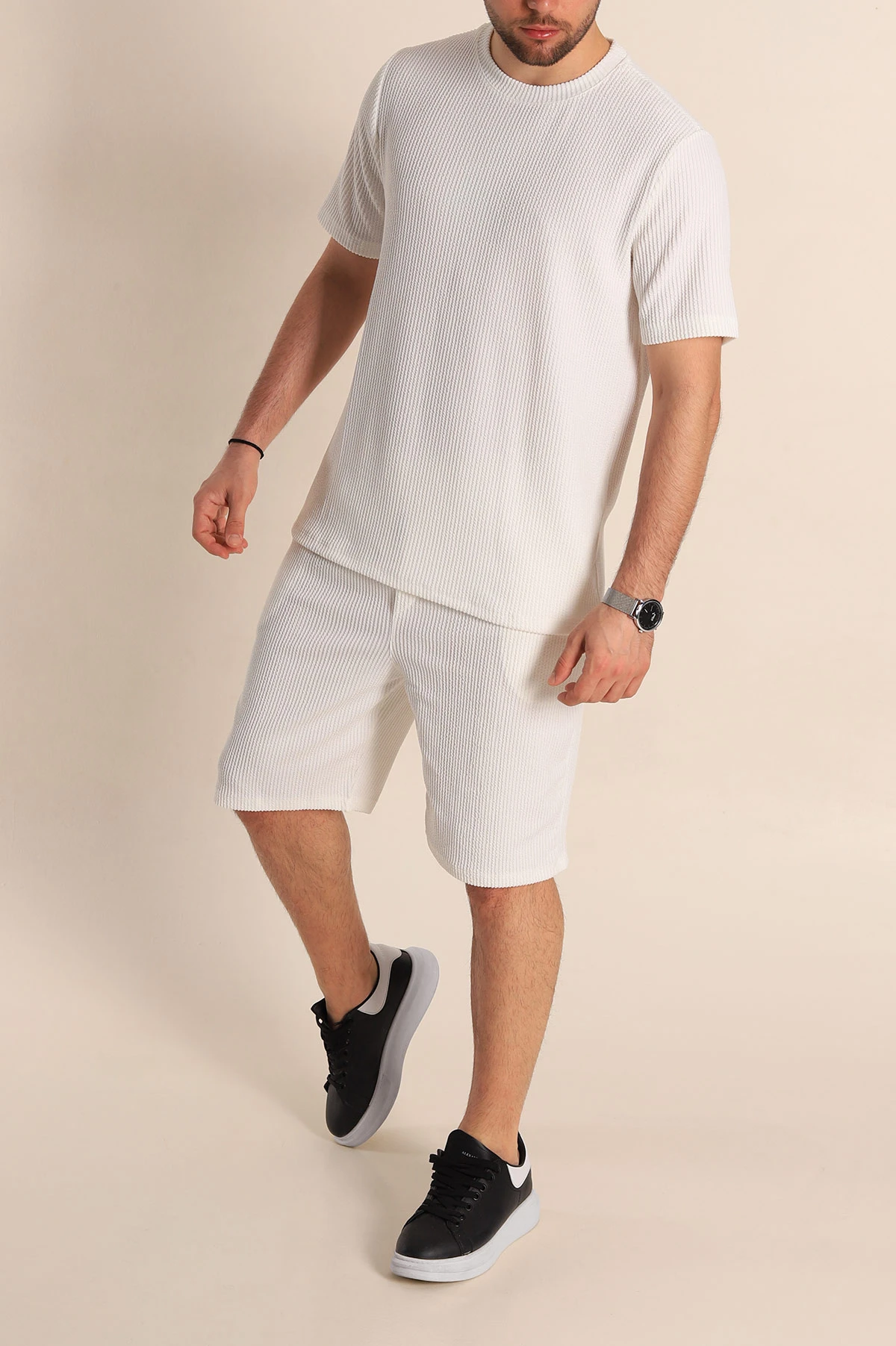 Beyaz Relaxed Fit Fitilli Dokulu Erkek Şortlu Takım 272841