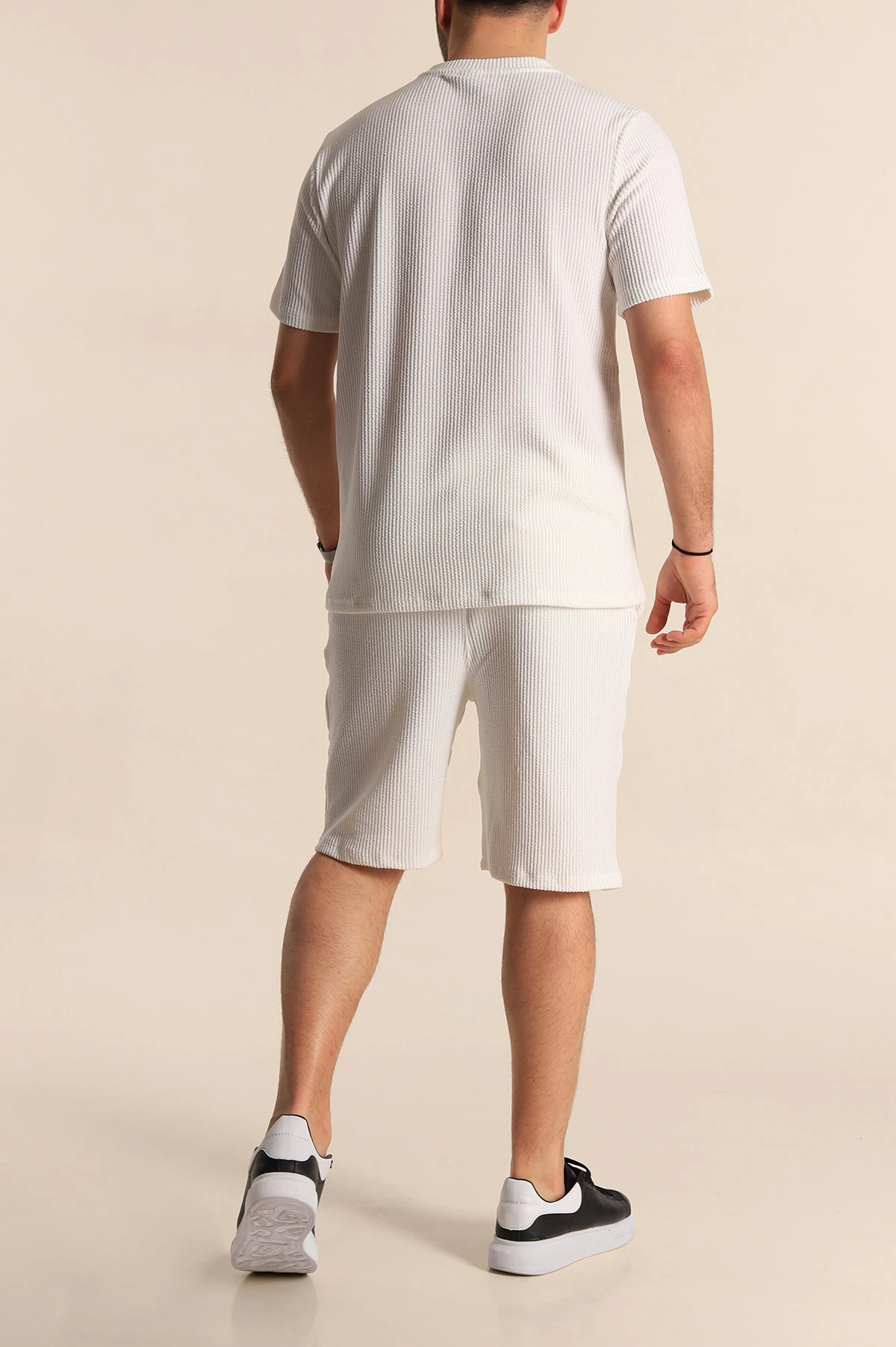 Beyaz Relaxed Fit Fitilli Dokulu Erkek Şortlu Takım 272841