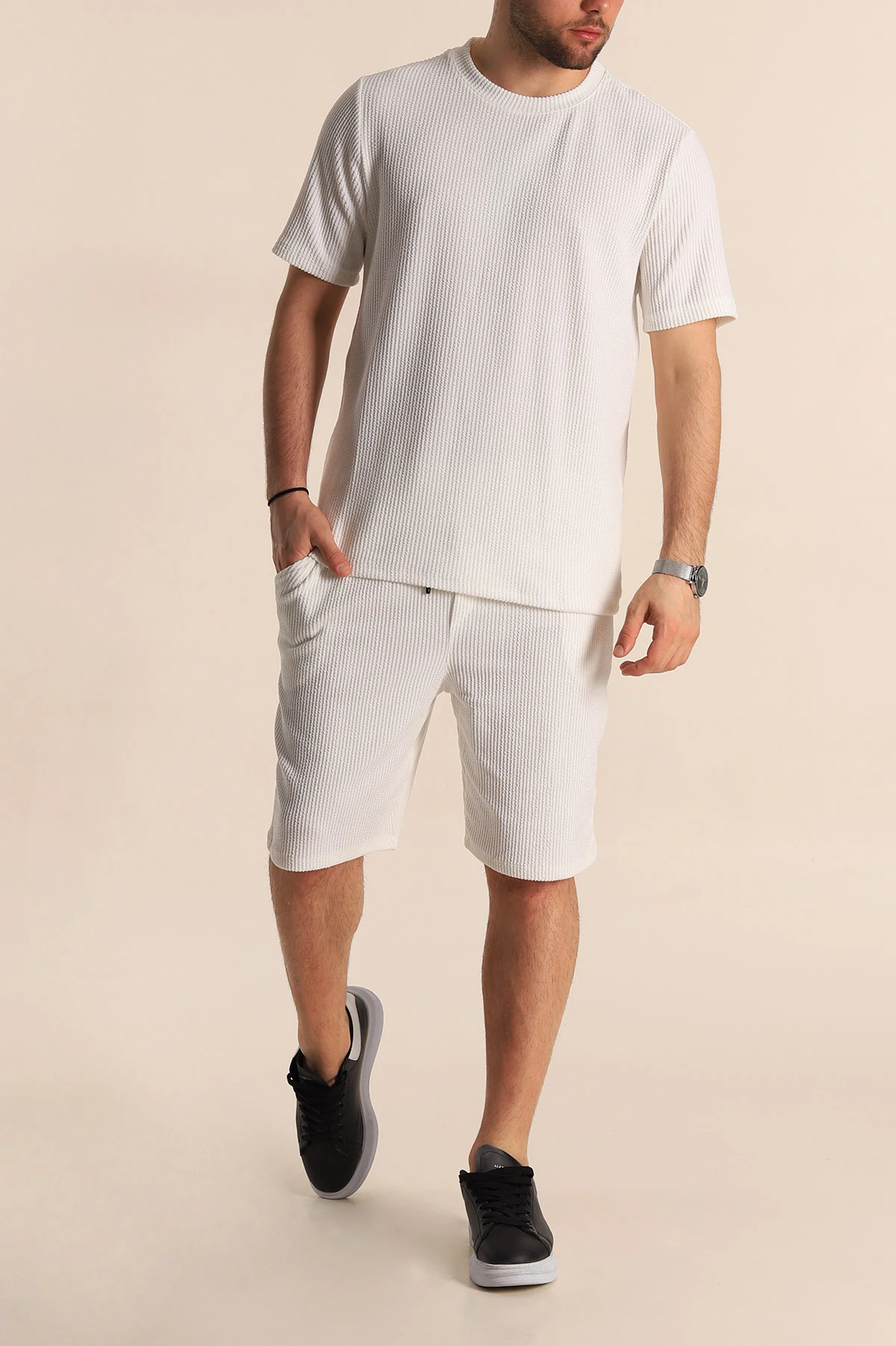 Beyaz Relaxed Fit Fitilli Dokulu Erkek Şortlu Takım 272841