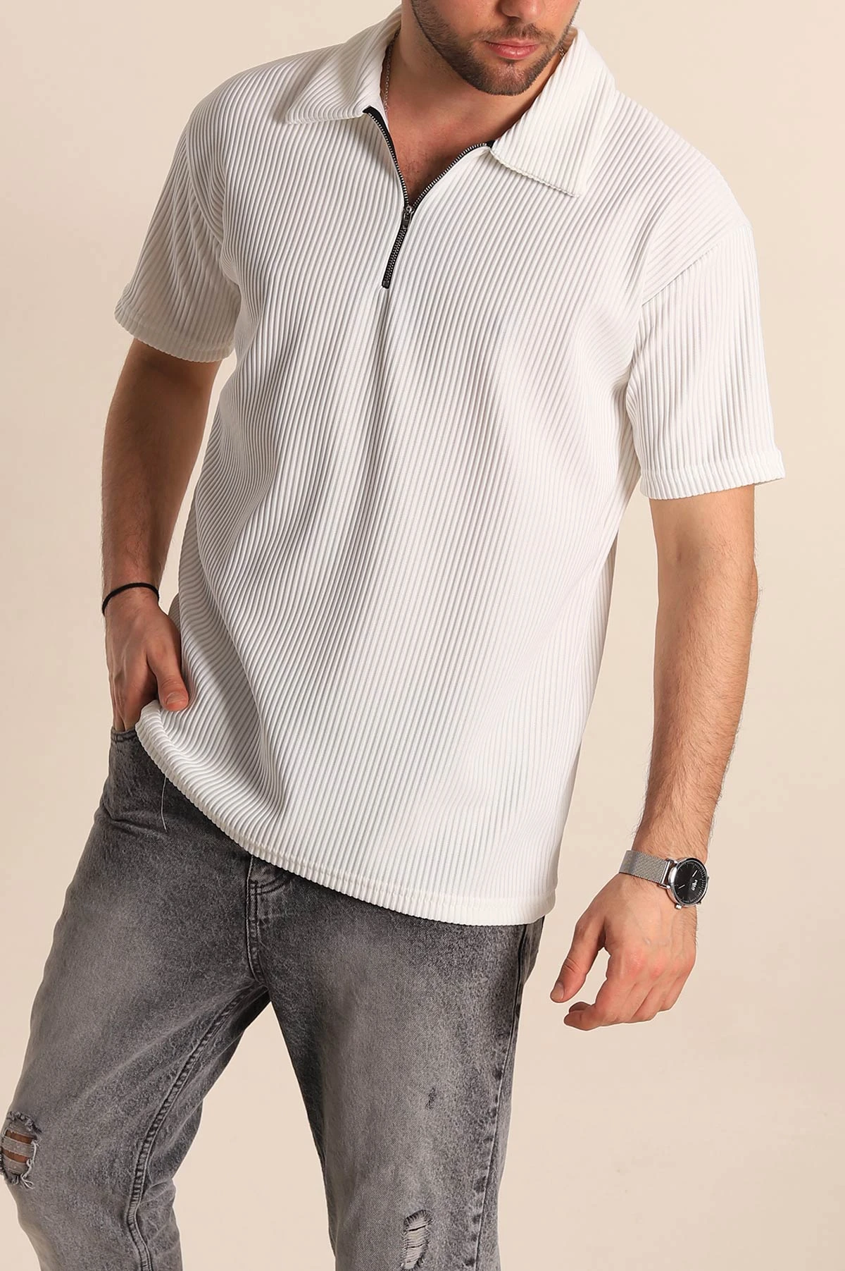 Beyaz Relaxed Fit Fitilli Dokulu Jakarlı Fermuarlı Polo Yaka Erkek Tişört 270755