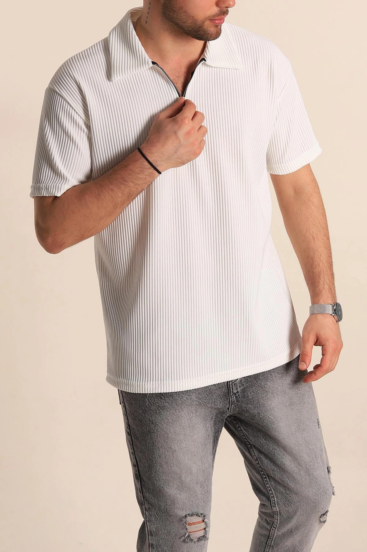 Beyaz Relaxed Fit Fitilli Dokulu Jakarlı Fermuarlı Polo Yaka Erkek Tişört 270755