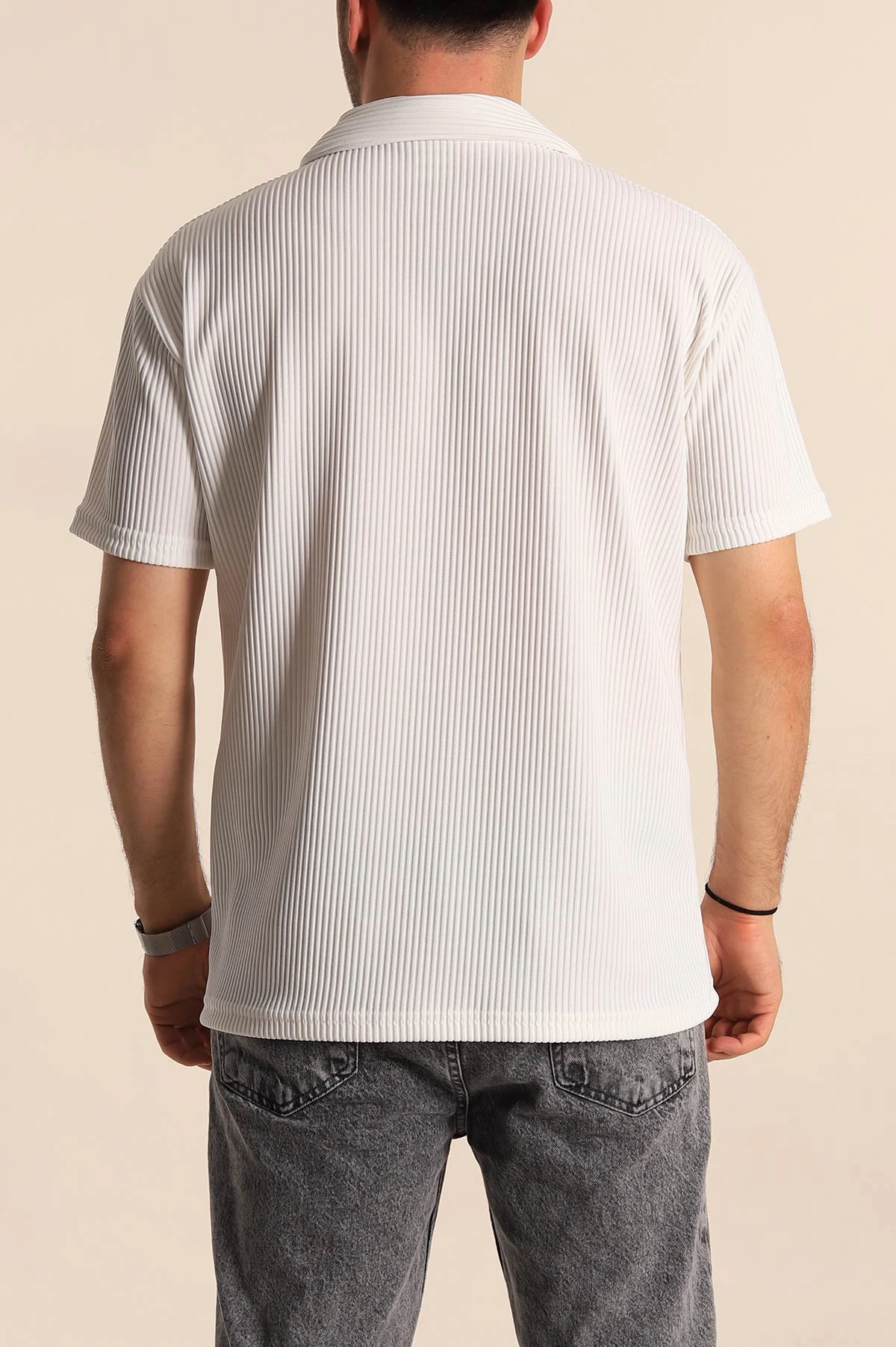 Beyaz Relaxed Fit Fitilli Dokulu Jakarlı Fermuarlı Polo Yaka Erkek Tişört 270755