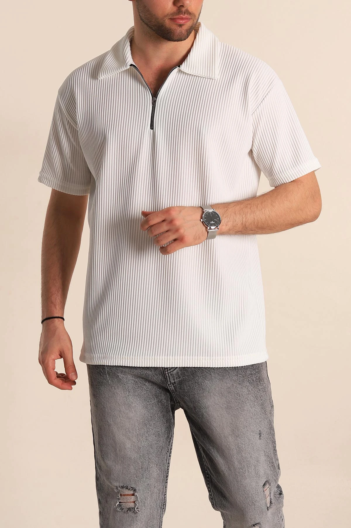 Beyaz Relaxed Fit Fitilli Dokulu Jakarlı Fermuarlı Polo Yaka Erkek Tişört 270755