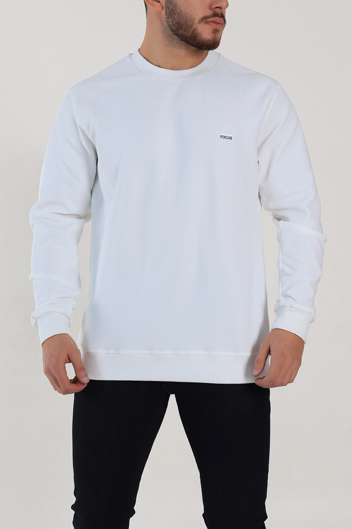 Beyaz Relaxed Fit İki İp Şardonlu Yazı Detay Likralı Erkek Sweatshirt 311204