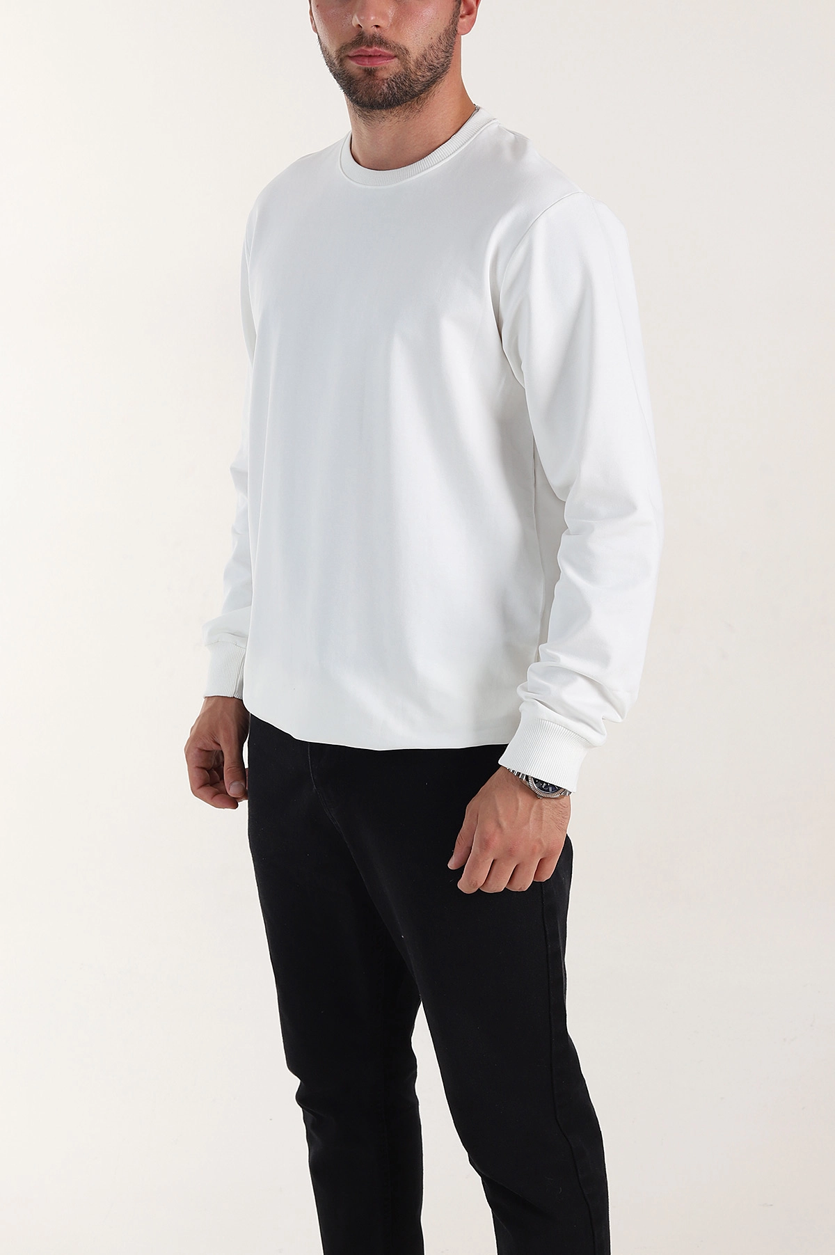 Beyaz Relaxed Fit İki İp Şardonsuz Basic Erkek Sweatshirt 398129