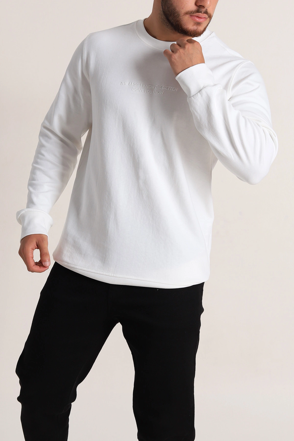 Beyaz Relaxed Fit İki İp Yazı Detaylı Basic Erkek Sweatshirt 299866