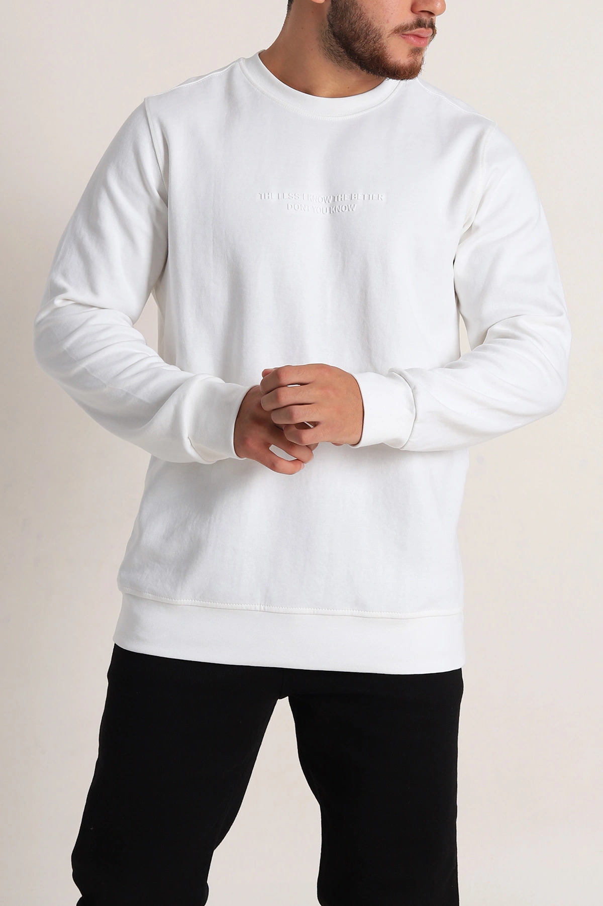 Beyaz Relaxed Fit İki İp Yazı Detaylı Basic Erkek Sweatshirt 299866