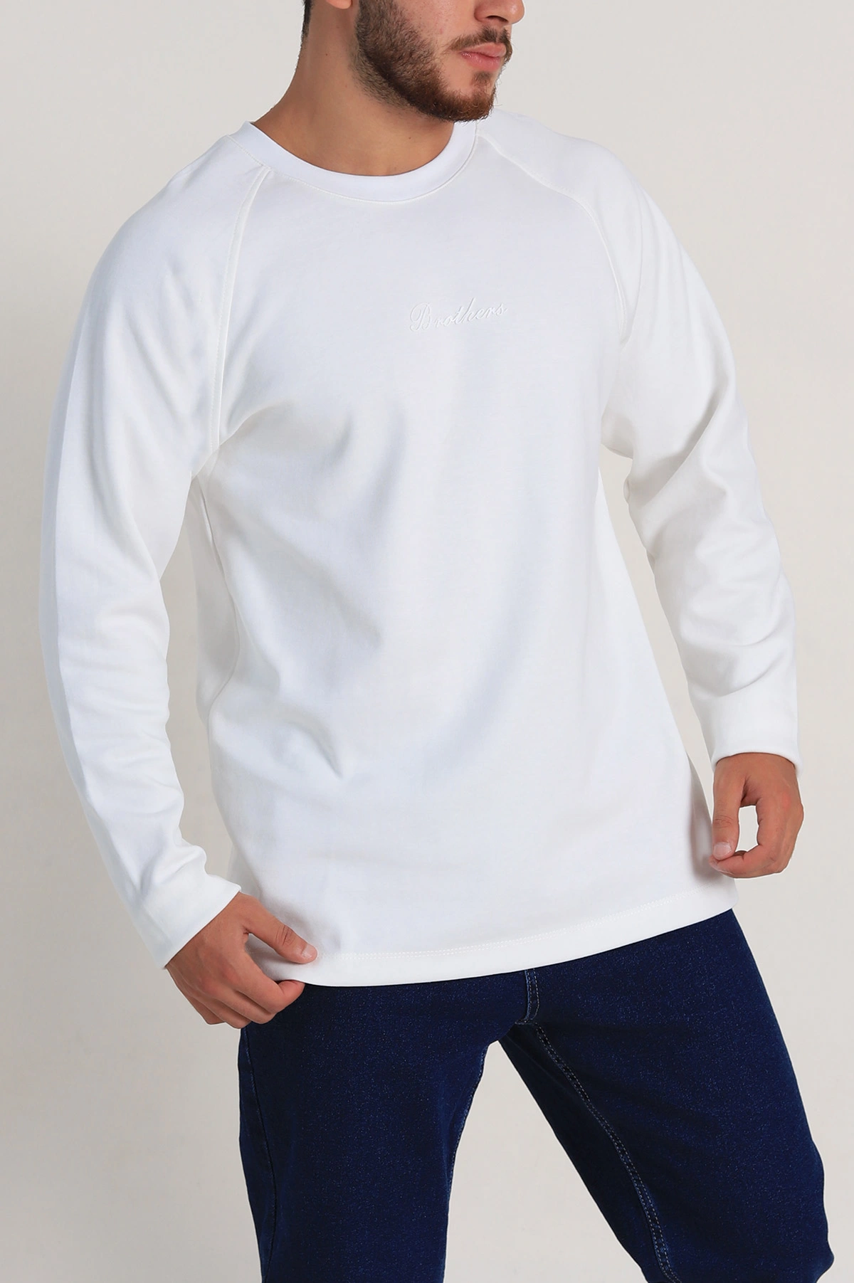 Beyaz Relaxed Fit İki İp Yazı Detaylı Basic Erkek Sweatshirt 299895