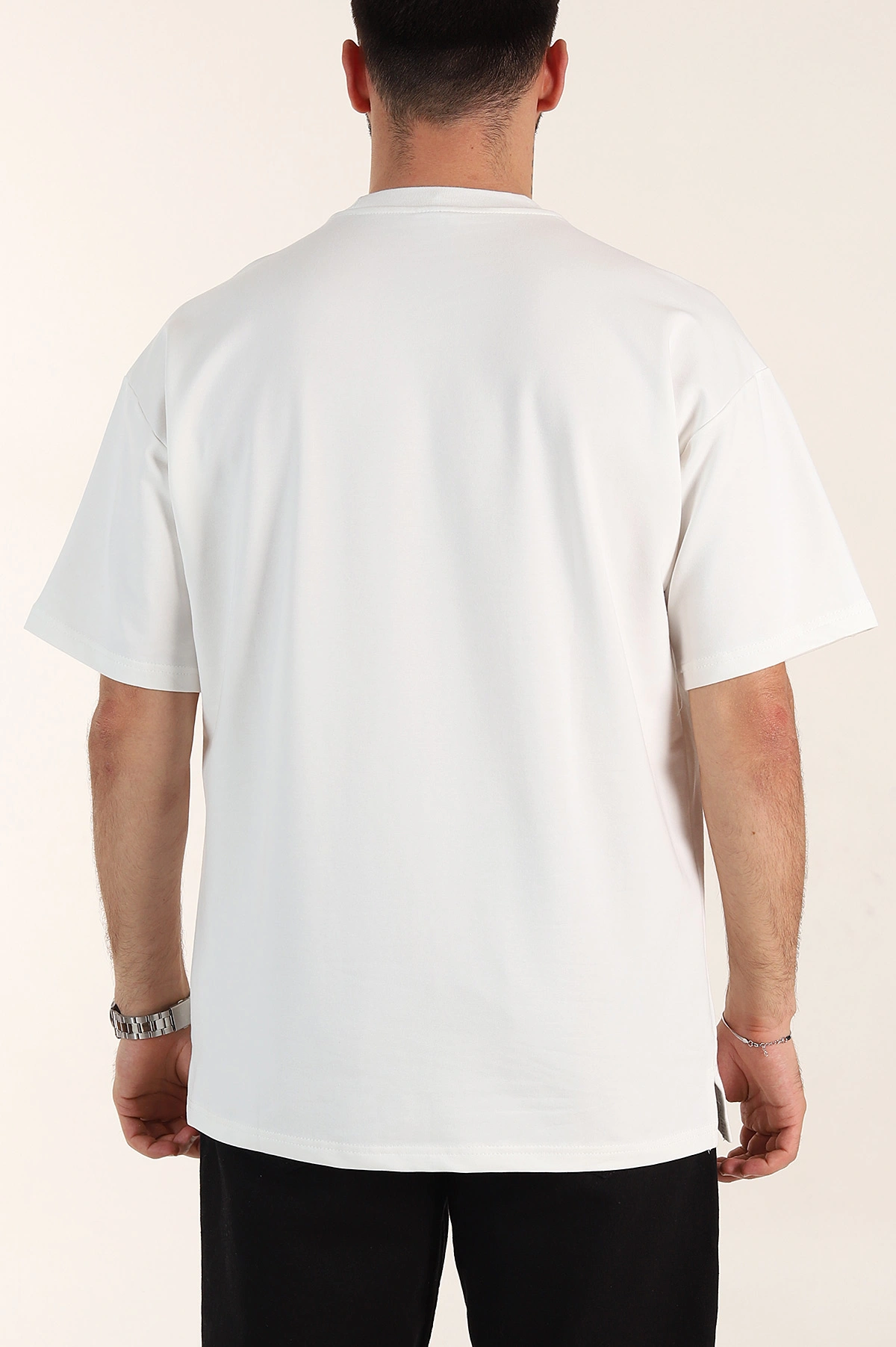 Beyaz Relaxed Fit İnterlok Kumaş Yazı Detaylı Erkek Tişört 359318