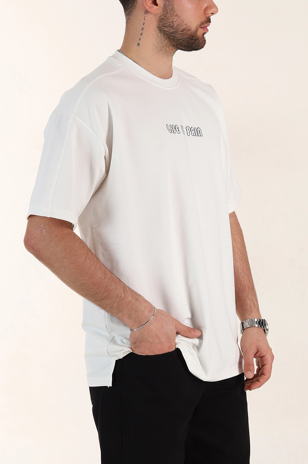 Beyaz Relaxed Fit İnterlok Kumaş Yazı Detaylı Erkek Tişört 359318