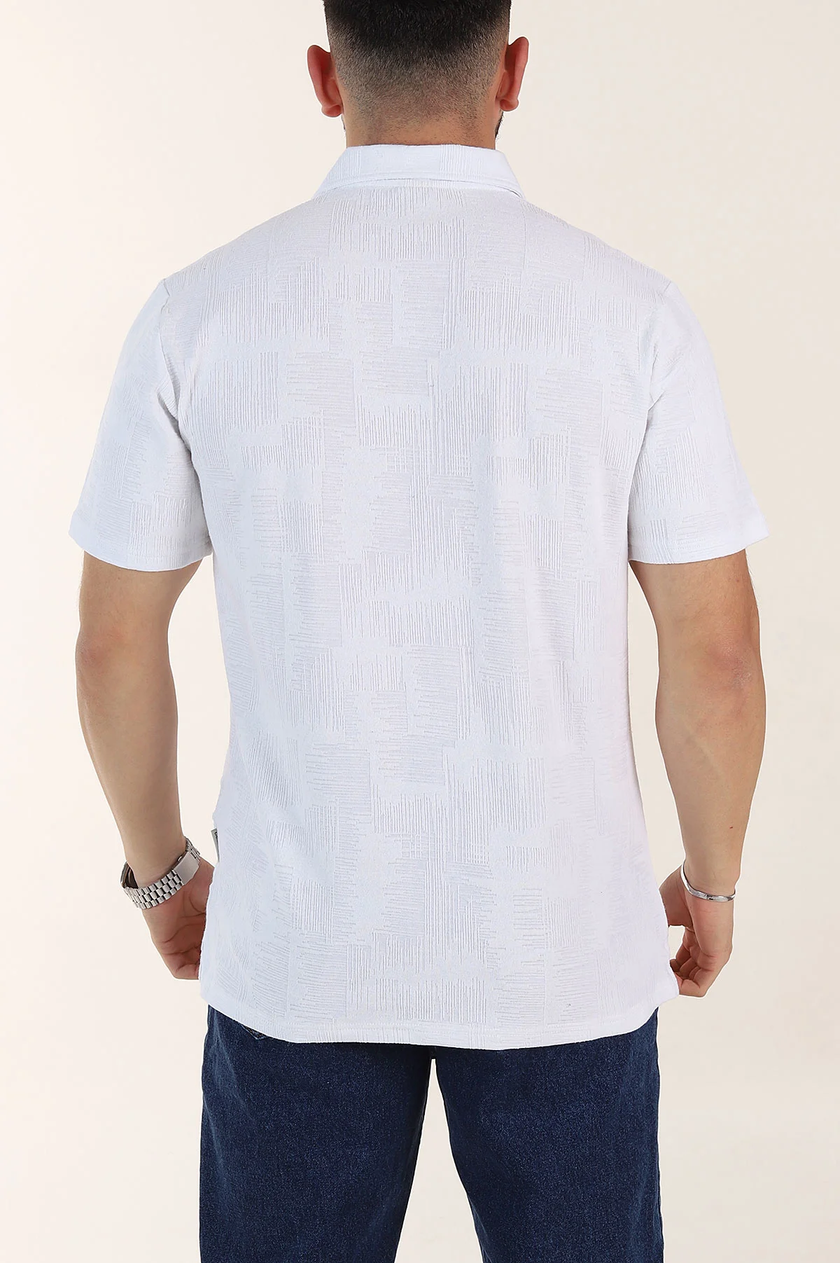 Beyaz Relaxed Fit Kabartma Desenli Düğmeli Polo Yaka Erkek Tişört 358192