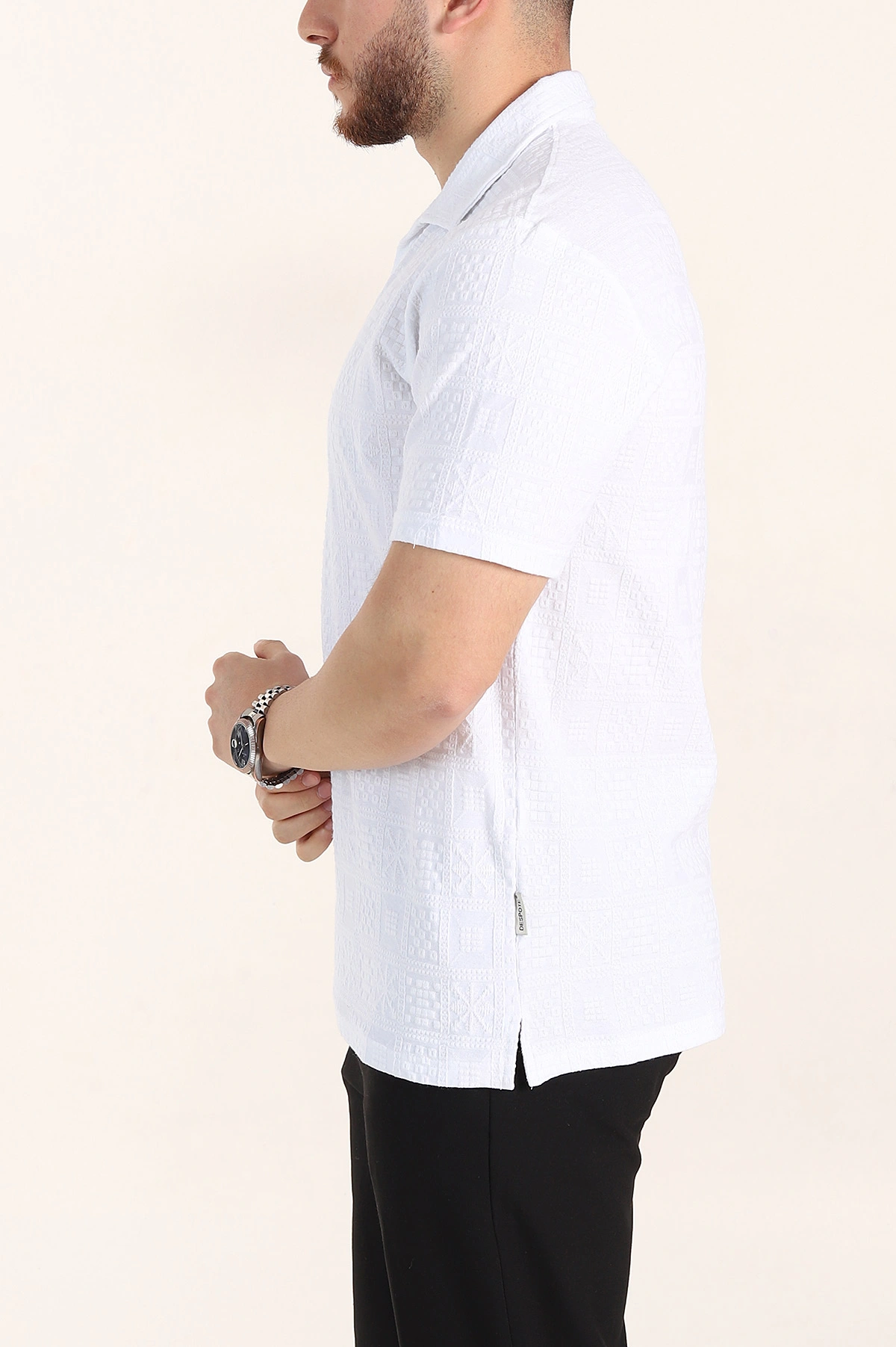 Beyaz Relaxed Fit Kabartma Desenli Patlı Polo Yaka Erkek Tişört 358025