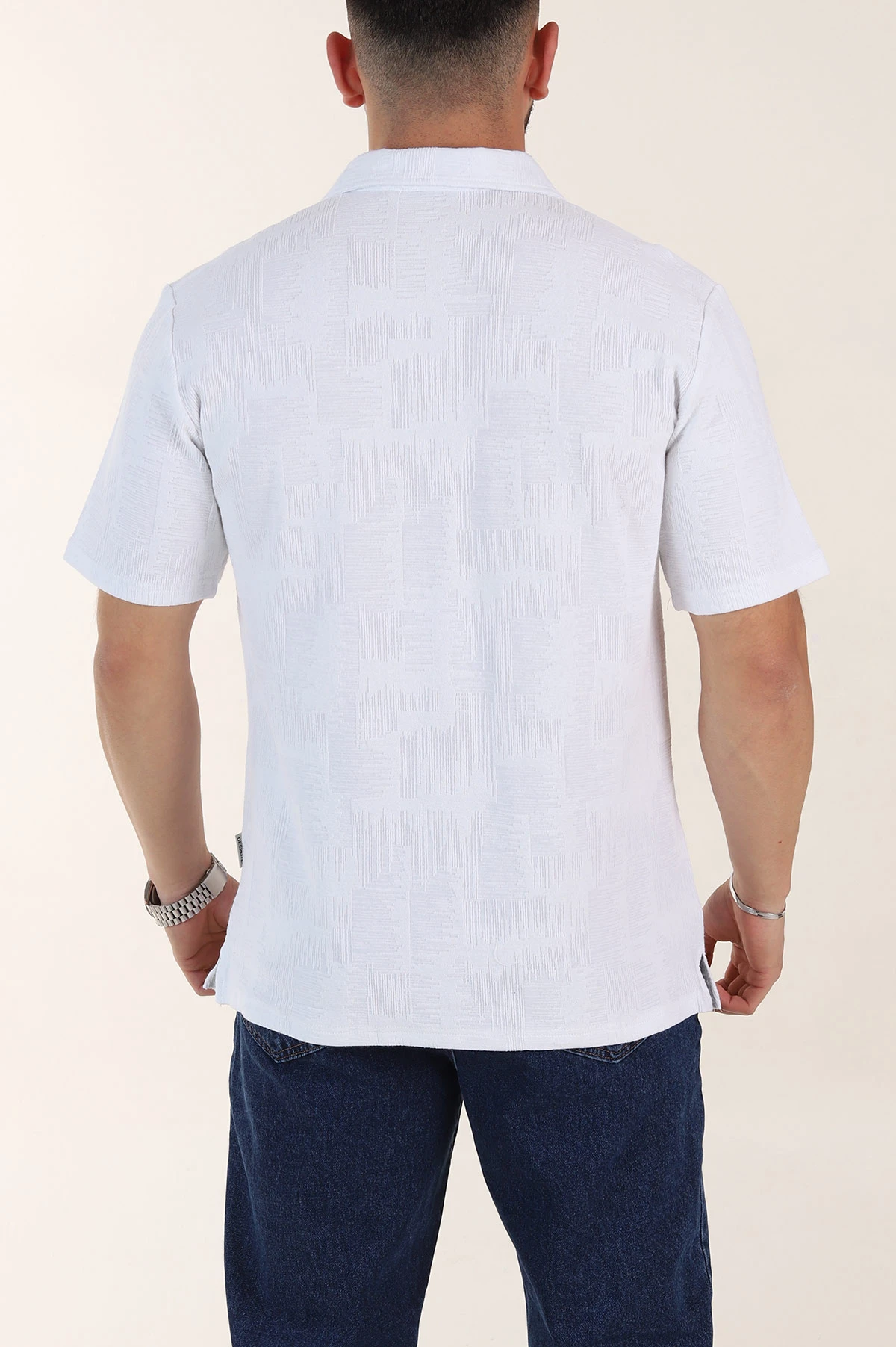 Beyaz Relaxed Fit Kabartma Desenli Patlı Polo Yaka Erkek Tişört 358102