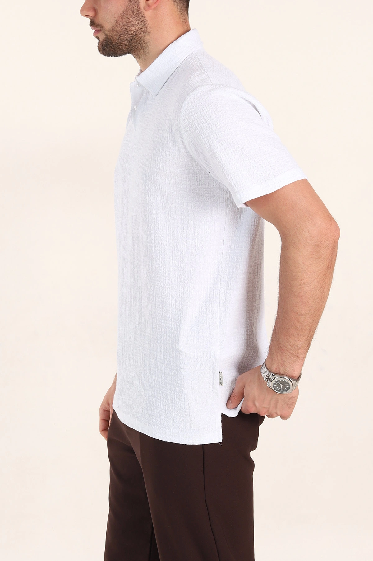 Beyaz Relaxed Fit Kabartma Dokulu Düğmeli Polo Yaka Erkek Tişört 358231