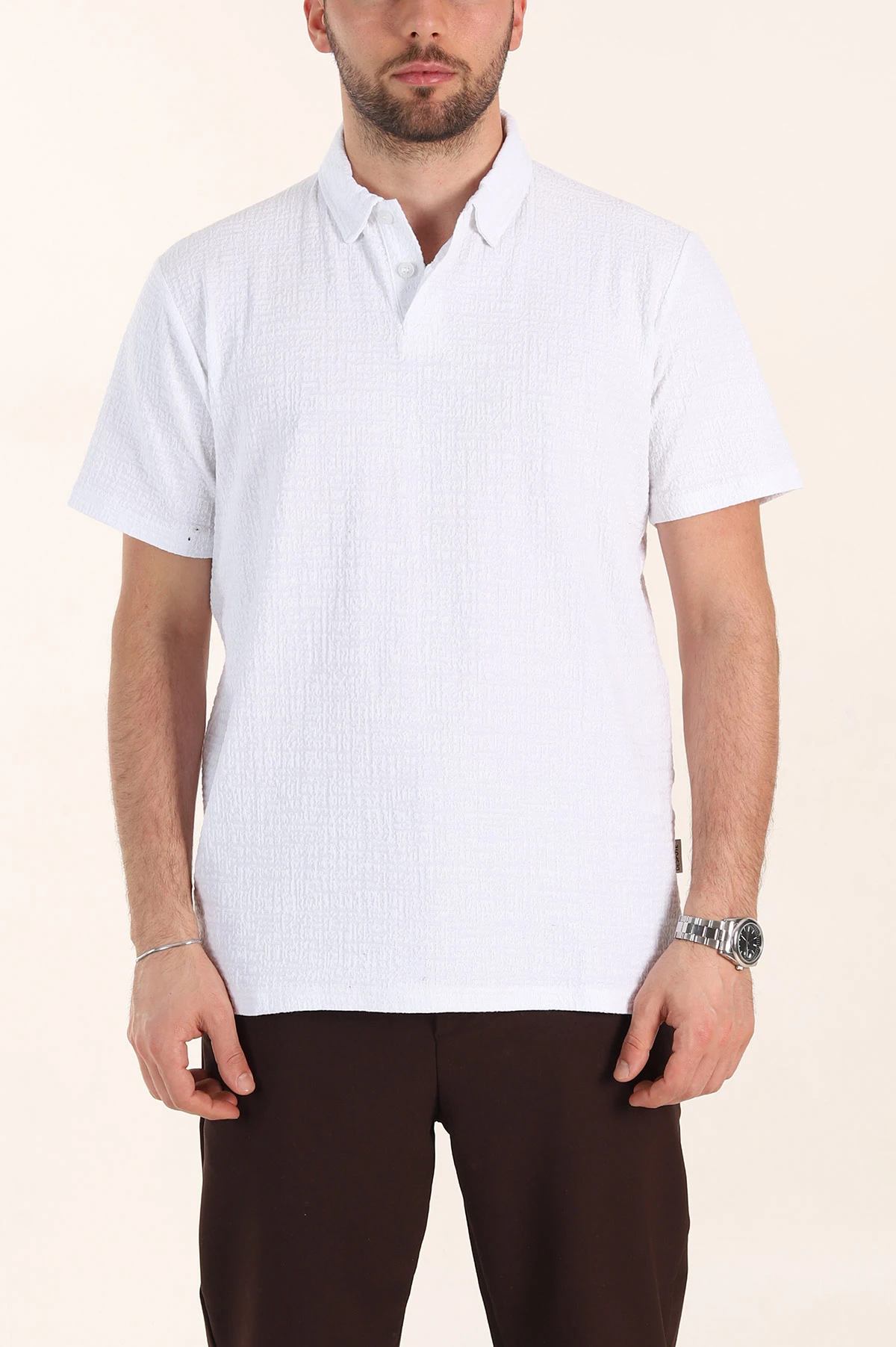Beyaz Relaxed Fit Kabartma Dokulu Düğmeli Polo Yaka Erkek Tişört 358231
