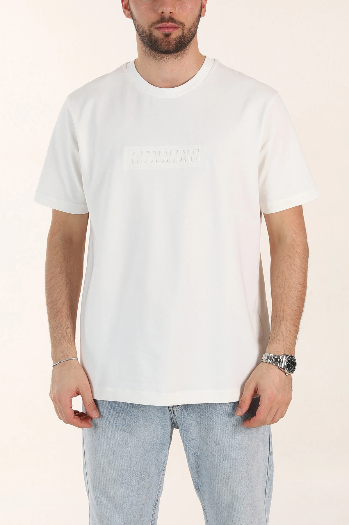 Beyaz Relaxed Fit Kabartma Yazı Detaylı Erkek Tişört 358508