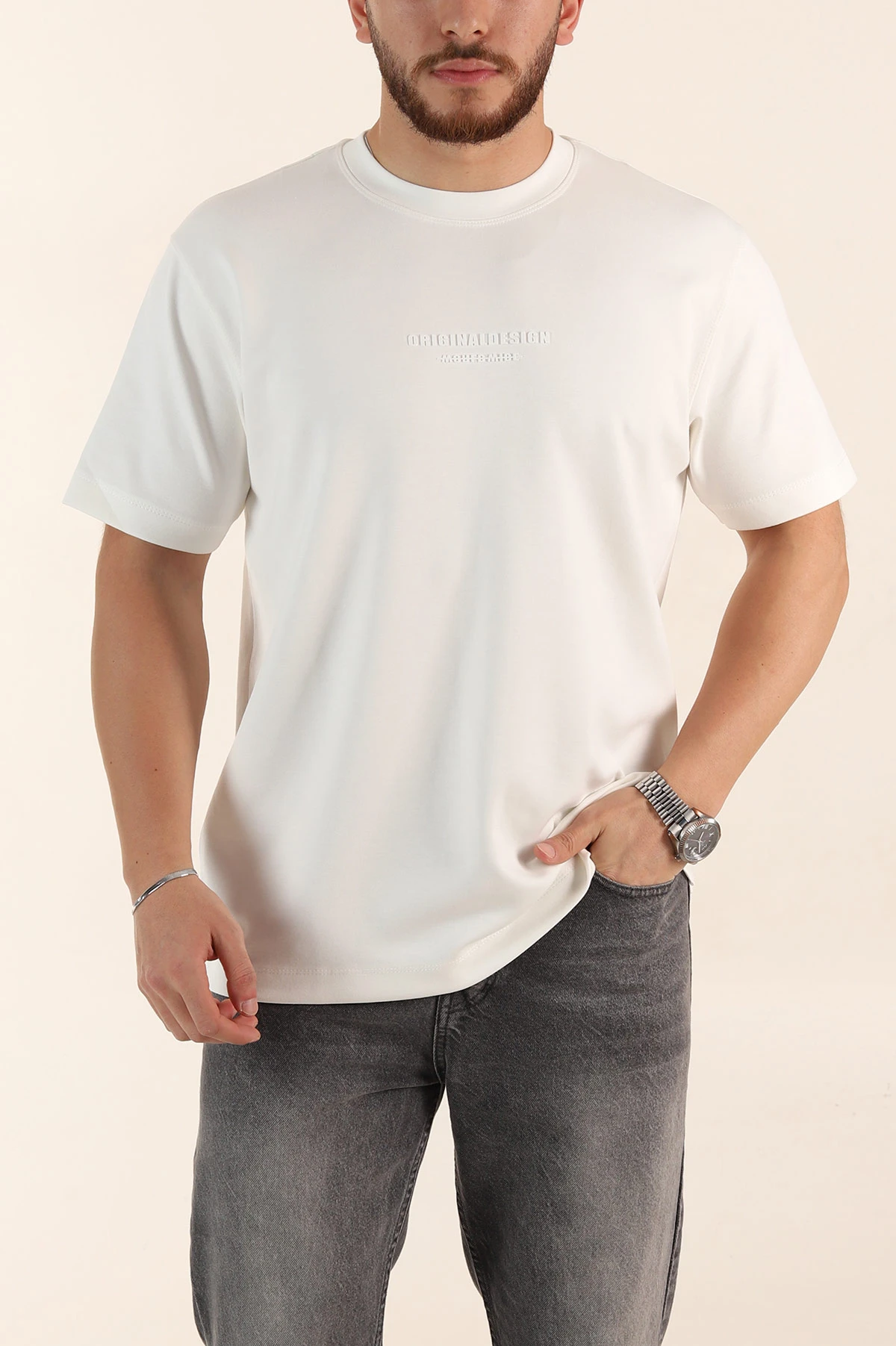 Beyaz Relaxed Fit Kabartma Yazı Detaylı Erkek Tişört 358651