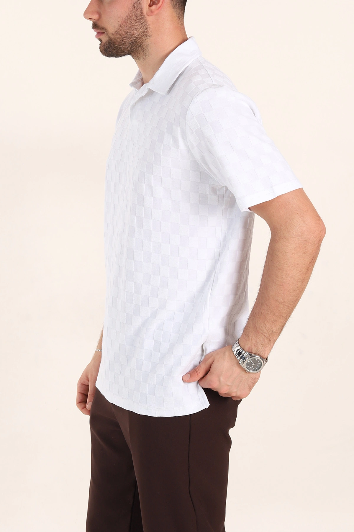 Beyaz Relaxed Fit Kare Dokulu Düğmeli Polo Yaka Erkek Tişört 358175
