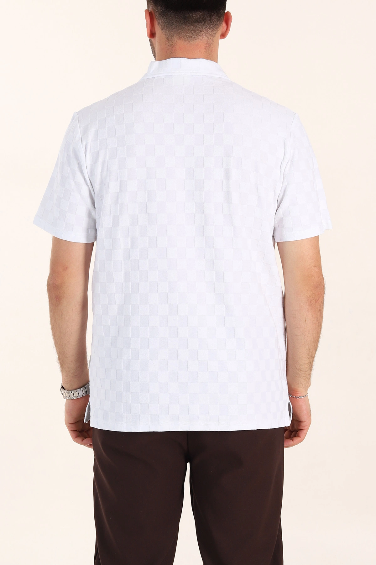 Beyaz Relaxed Fit Kare Dokulu Düğmeli Polo Yaka Erkek Tişört 358175