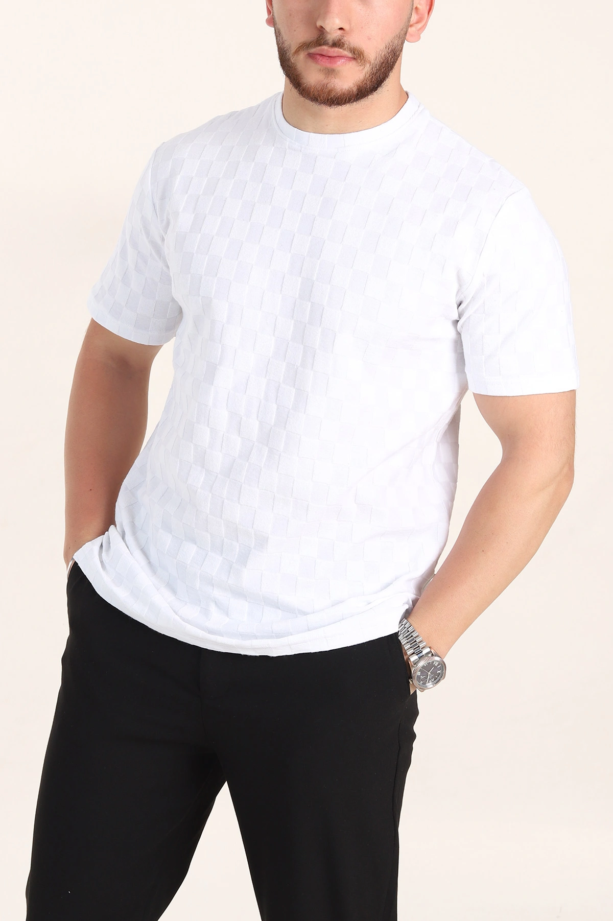 Beyaz Relaxed Fit Kare Dokulu Erkek Tişört 358004
