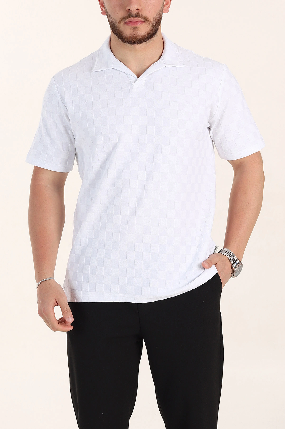 Beyaz Relaxed Fit Kare Dokulu Patlı Polo Yaka Erkek Tişört 358037
