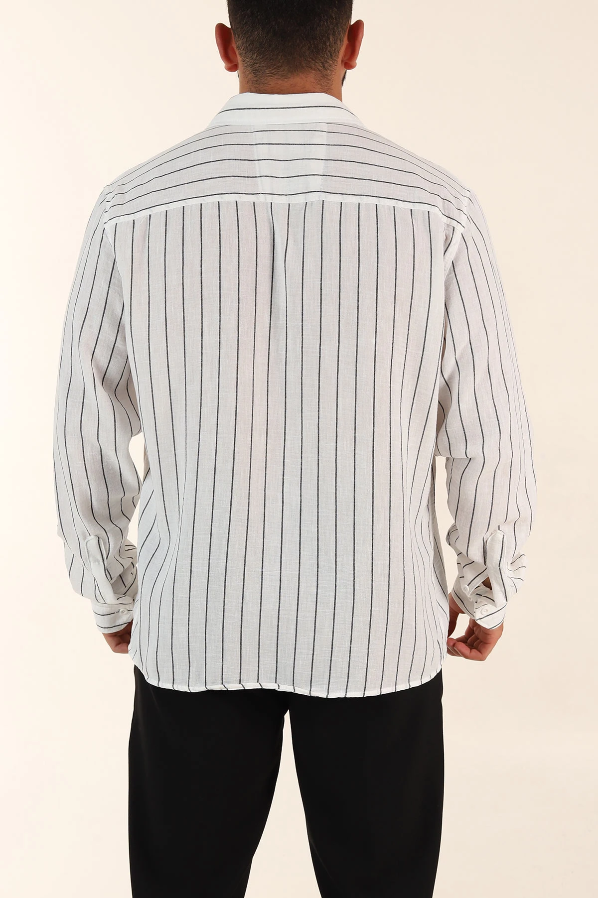 Beyaz Relaxed Fit Keten Ata Yaka Çizgili Erkek Gömlek 376958