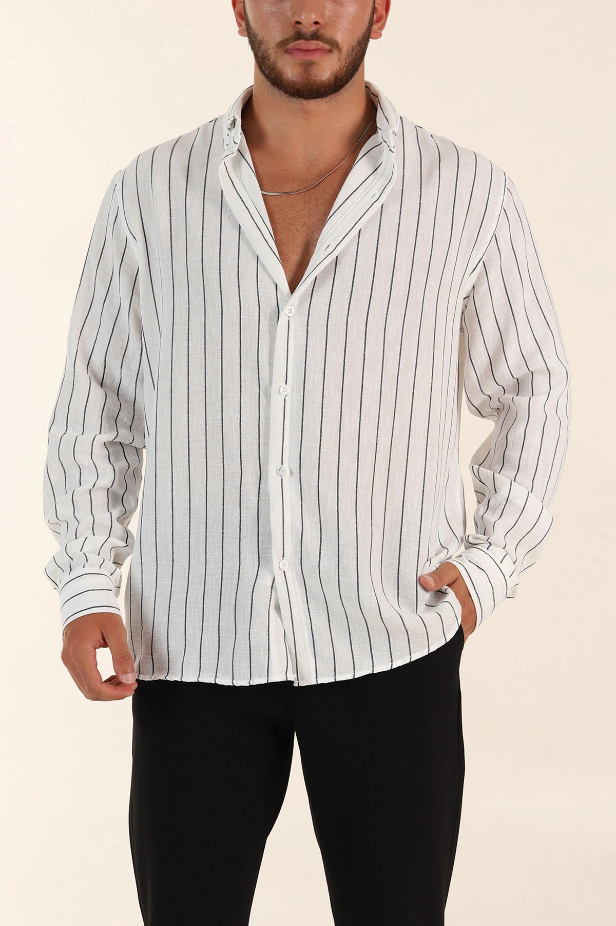 Beyaz Relaxed Fit Keten Ata Yaka Çizgili Erkek Gömlek 376958