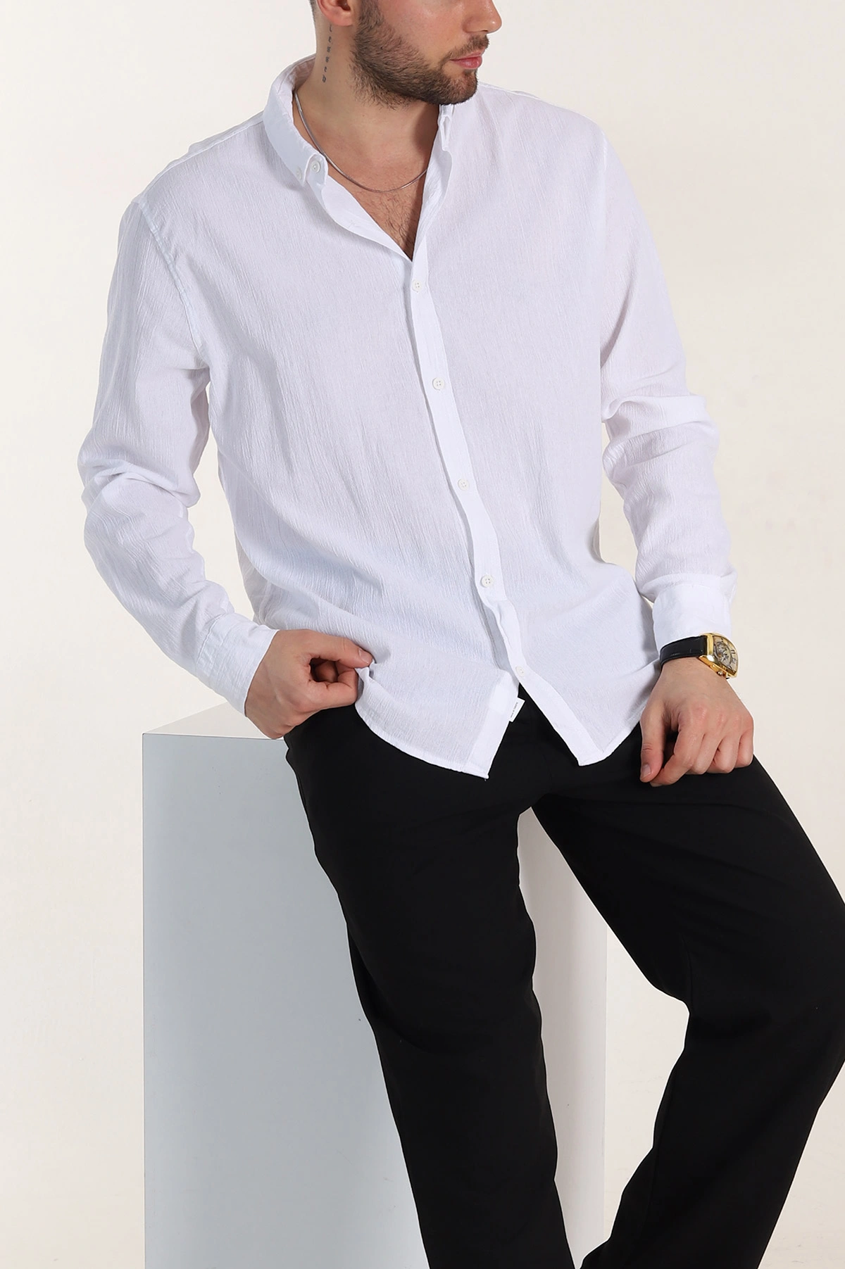 Beyaz Relaxed Fit Keten Ata Yaka Erkek Gömlek 339168