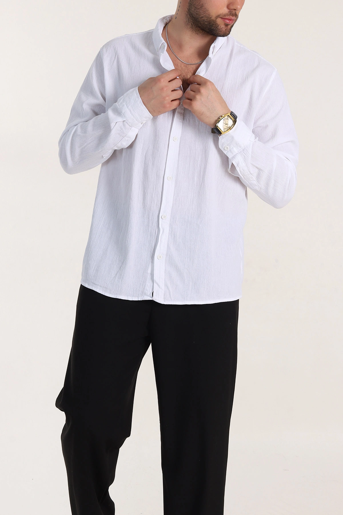Beyaz Relaxed Fit Keten Ata Yaka Erkek Gömlek 339168