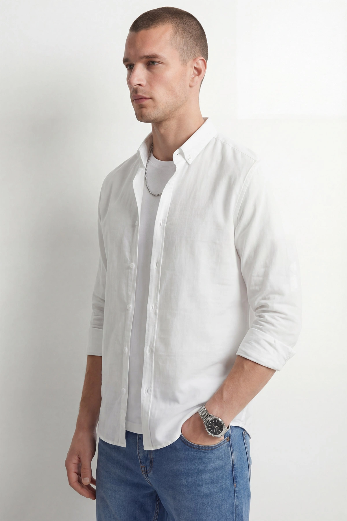Beyaz Relaxed Fit Keten Ata Yaka Erkek Gömlek 435847