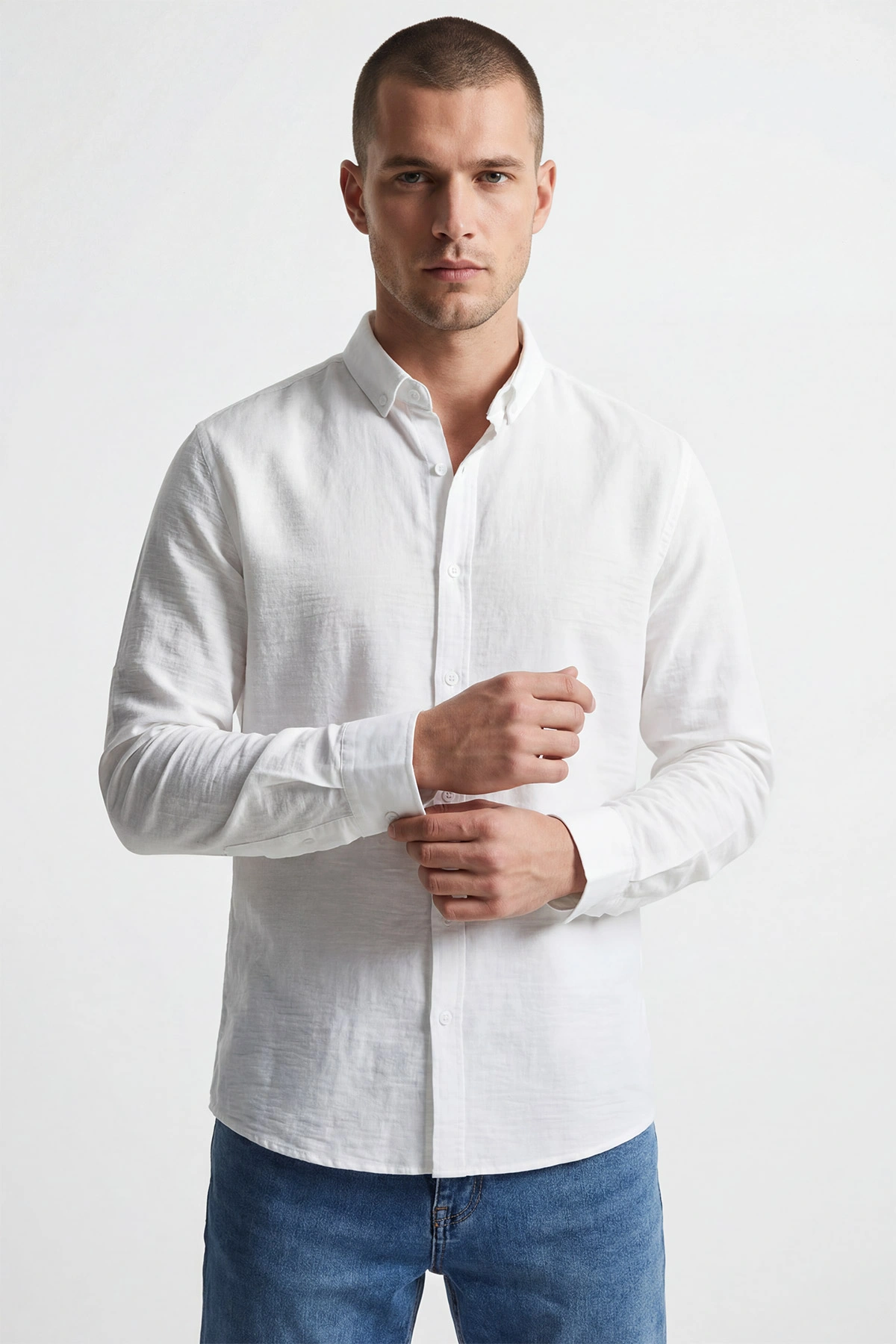 Beyaz Relaxed Fit Keten Ata Yaka Erkek Gömlek 435847