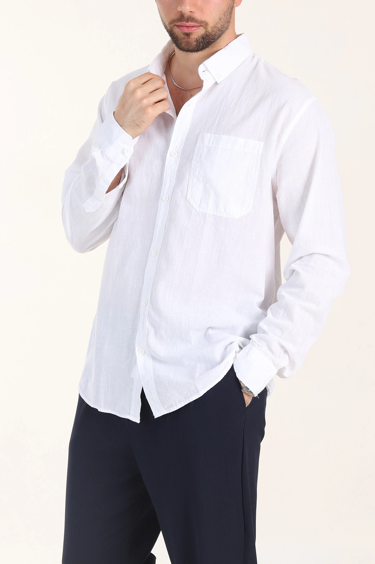 Beyaz Relaxed Fit Keten Cep Detaylı Erkek Gömlek 356969