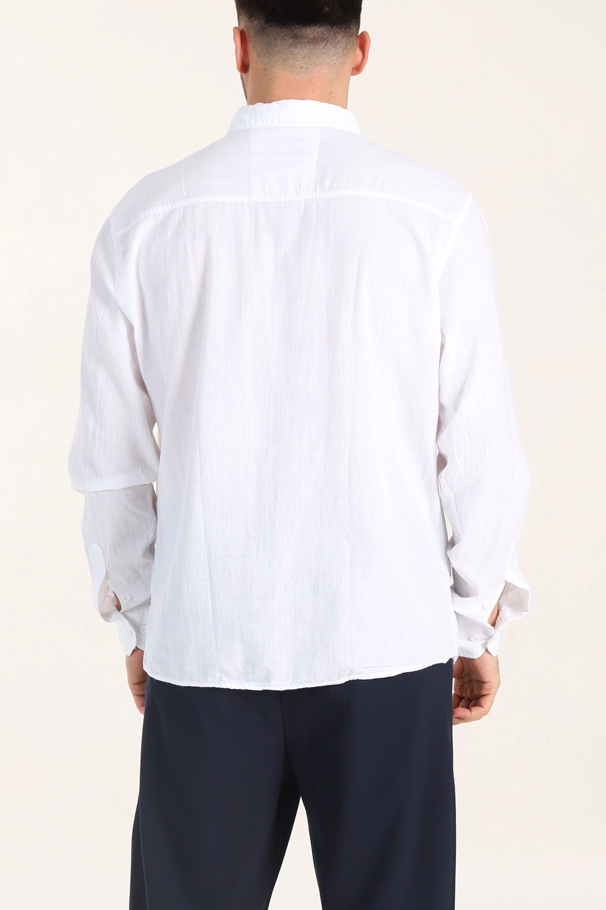 Beyaz Relaxed Fit Keten Cep Detaylı Erkek Gömlek 356969