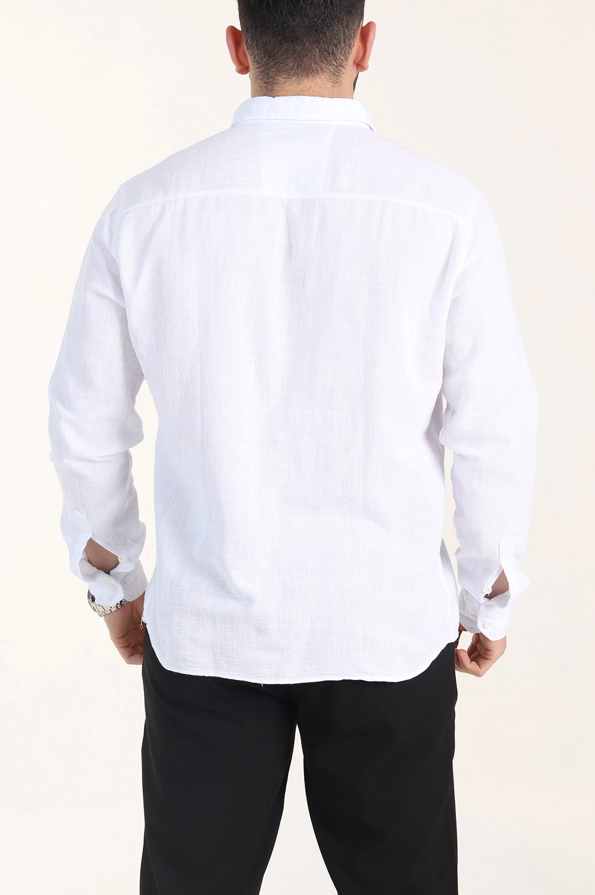 Beyaz Relaxed Fit Keten Cep Detaylı Erkek Gömlek 356976
